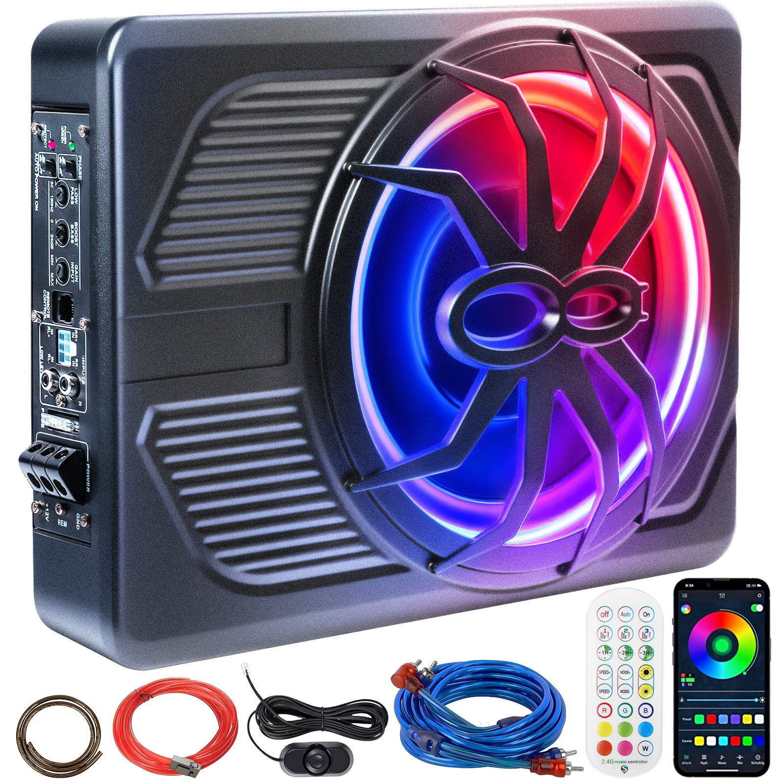 Insma 800W Ultra-Slim 10Zoll Auto Subwoofer Verstärker mit LED Ambientelicht Auto-Lautsprecher (App & Fernbedienung)