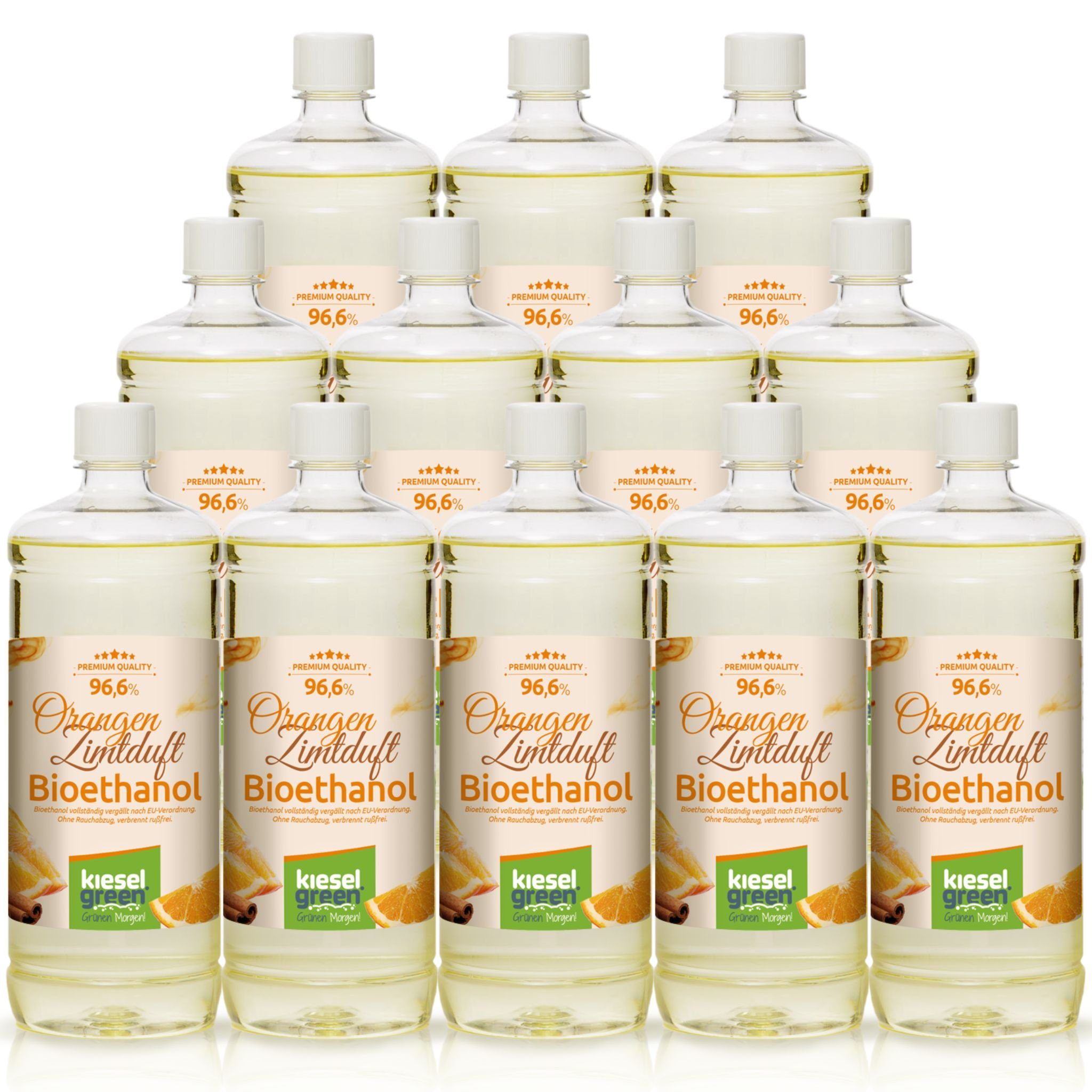 KieselGreen Bioethanol KieselGreen Bioethanol Flasche 12 x 1 Liter - 6x + 6x Sets 6x Orange/Zimt-duft + 6x Geruchlos