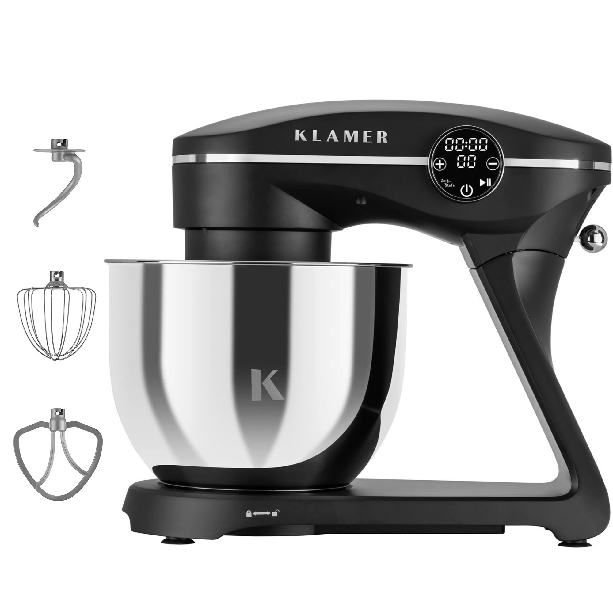 KLAMER Küchenmaschine, 1800 W, 6 l Schüssel, Spritzschutz, 3 Werkzeuge, Saugfüße, digitales Display, Timer
