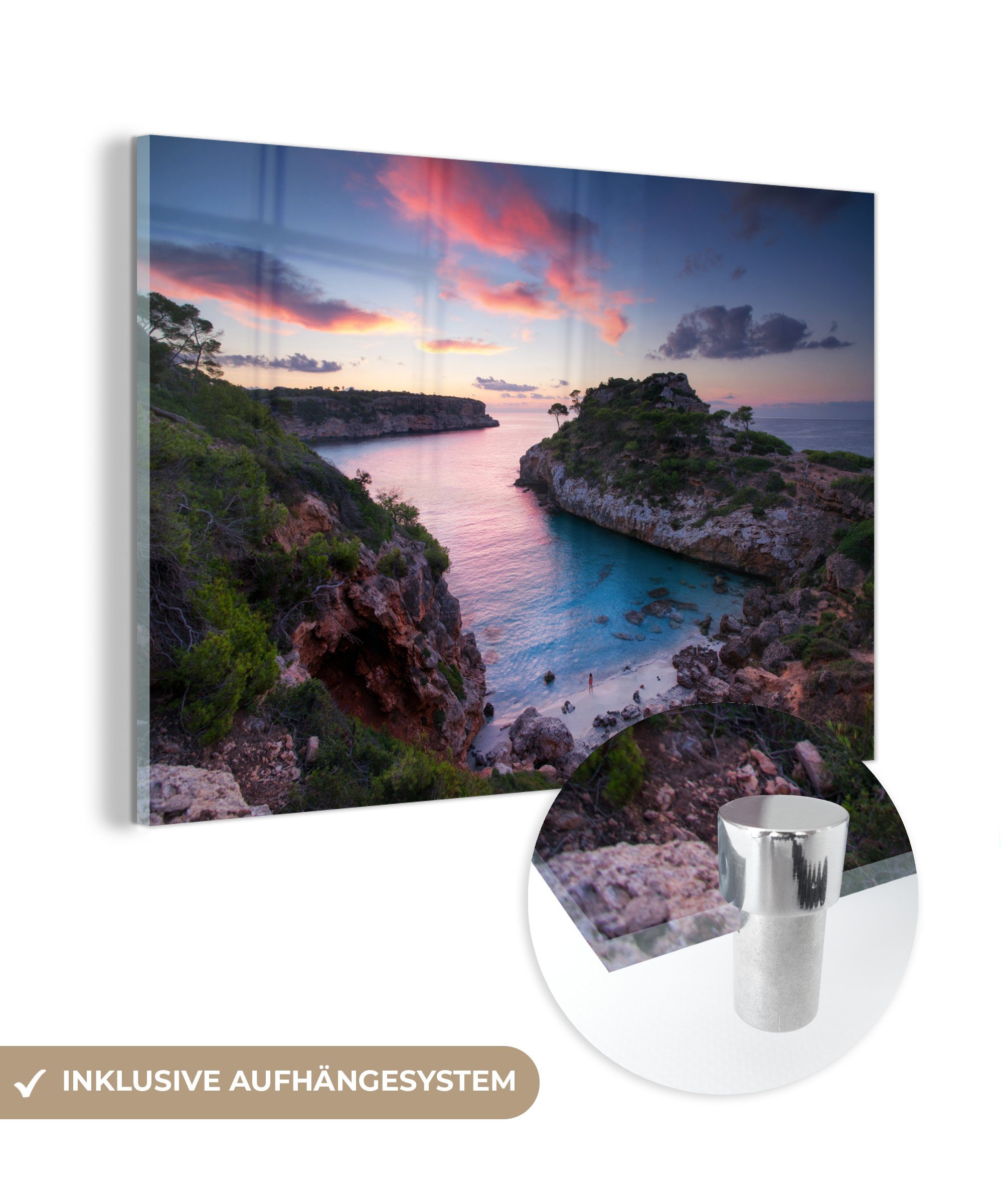 MuchoWow Acrylglasbild Der Strand Caló des Moro am Abend auf Mallorca, (1 St), Acrylglasbilder Wohnzimmer & Schlafzimmer