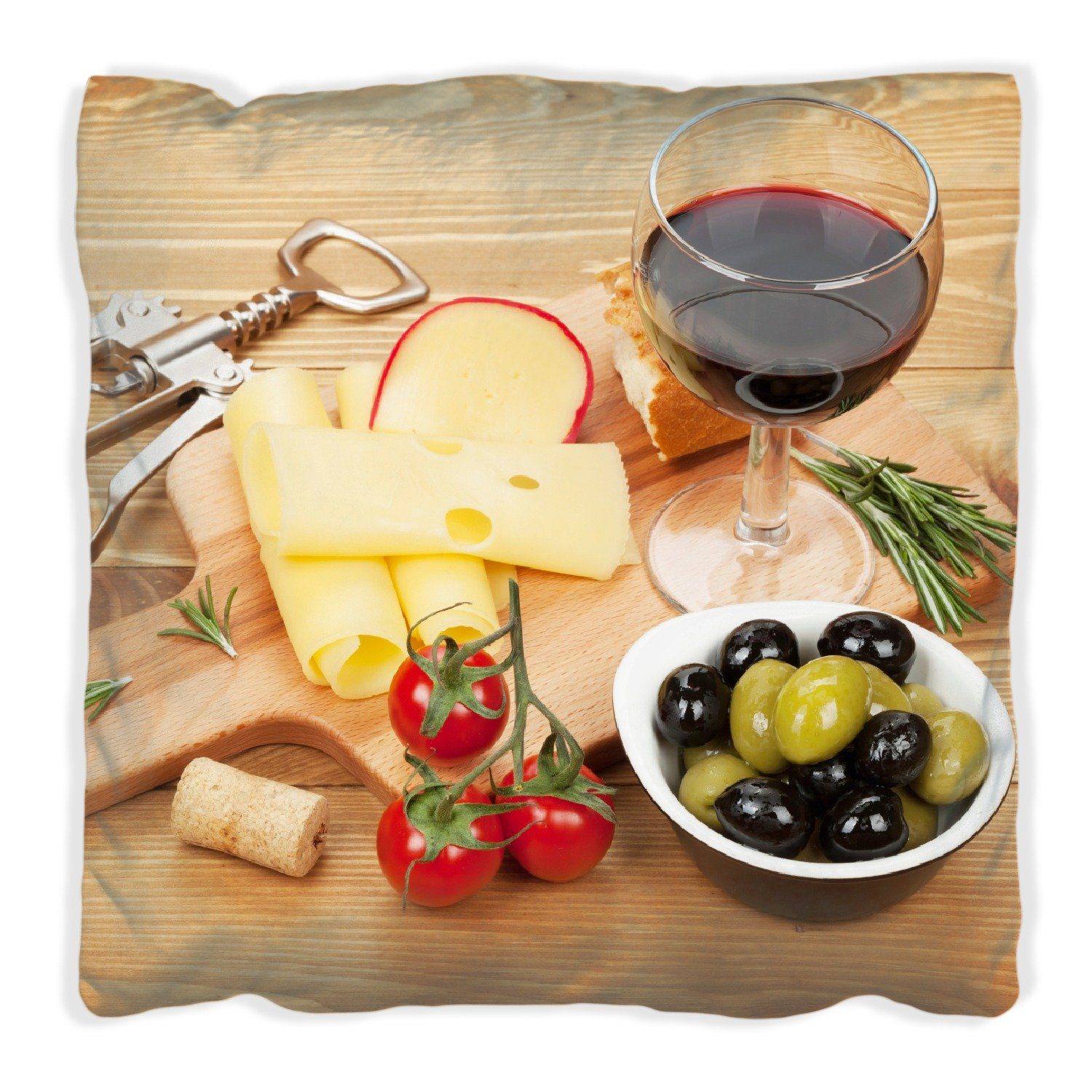 Wallario Dekokissen Genuss am Käseplatte, Abend Tomaten, Rotwein, handgenäht - Oliven und
