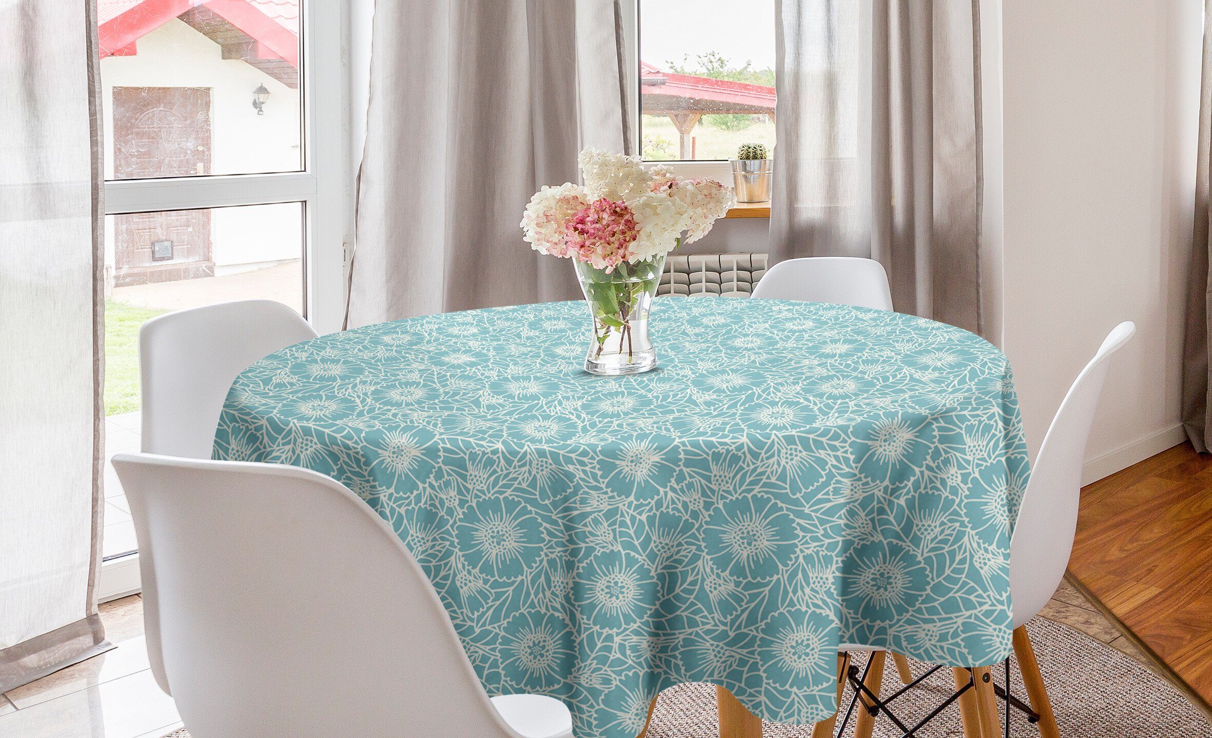 Abakuhaus Tischdecke Kreis Tischdecke Abdeckung für Esszimmer Küche Dekoration, Blumen Gänseblümchen-Blüten-Kontur-Gekritzel