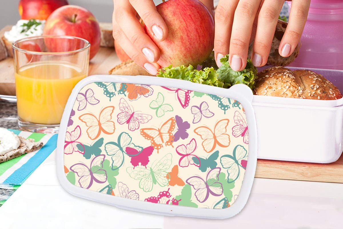 Muster Kinder und Jungs Insekten, (2-tlg), für Mädchen Brotbox Erwachsene, Lunchbox Schmetterlinge und Brotdose, - weiß für - MuchoWow Kunststoff,