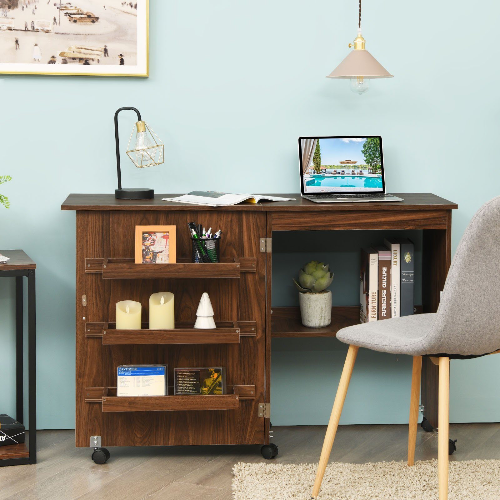 COSTWAY Regal-Schreibtisch, Nähschrank klappbar & rollbar, mit Stauraum, 118,5x40x79,5cm
