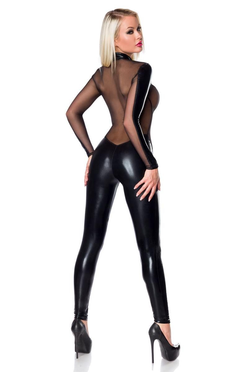 Saresia Overall Schwarzer erotischer Damen Dessous Gogo-Overall aus wetlook Material u