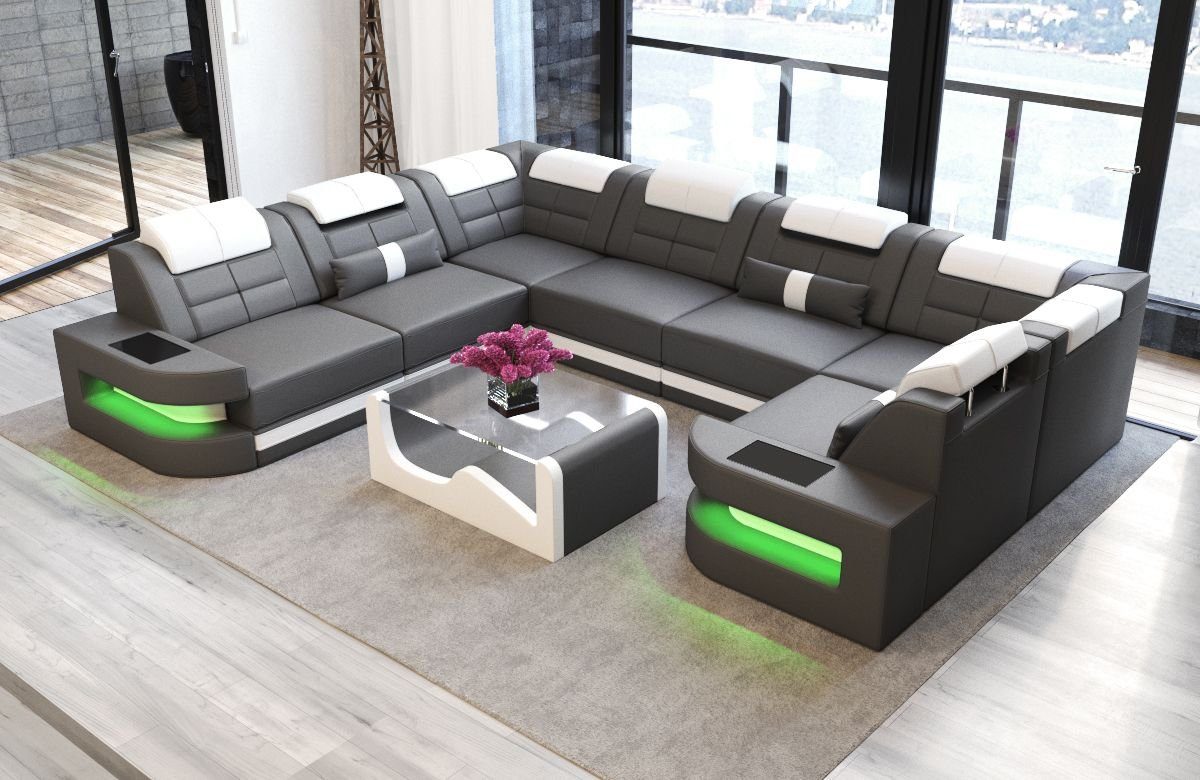 Sofa Dreams Wohnlandschaft Leder Ledercouch Sofa Como U Form Ledersofa, Couch, mit LED, wahlweise mit Bettfunktion als Schlafsofa, Designersofa