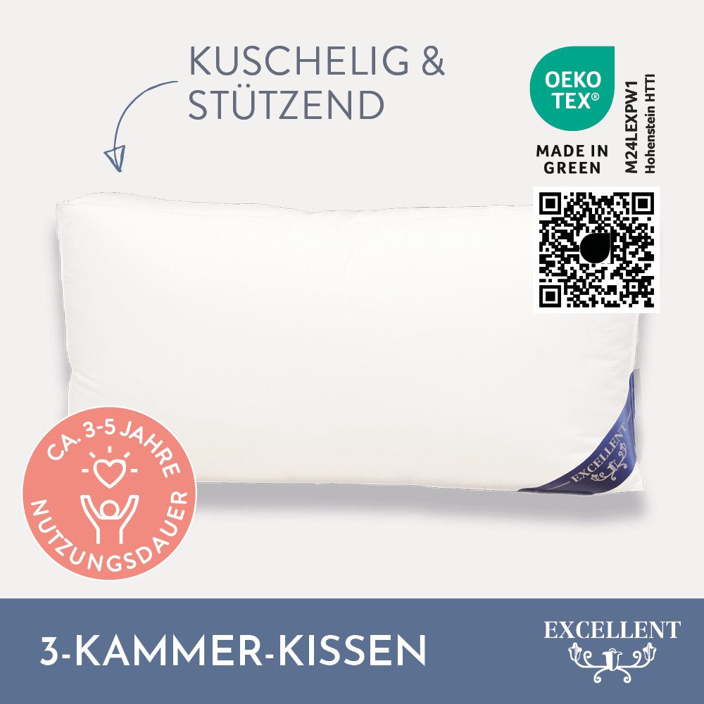 Excellent 3-Kammer-Kopfkissen Florenz, Daunenstützkissen mit 10 cm Außensteg, Füllung: 100% Daunen (Außenkammern), 100% Federn (Kern), Bezug: 100% Baumwolle, Seitenschläfer, Rückenschläfer, Kissen hergestellt in Deutschland, allergikerfreundlich