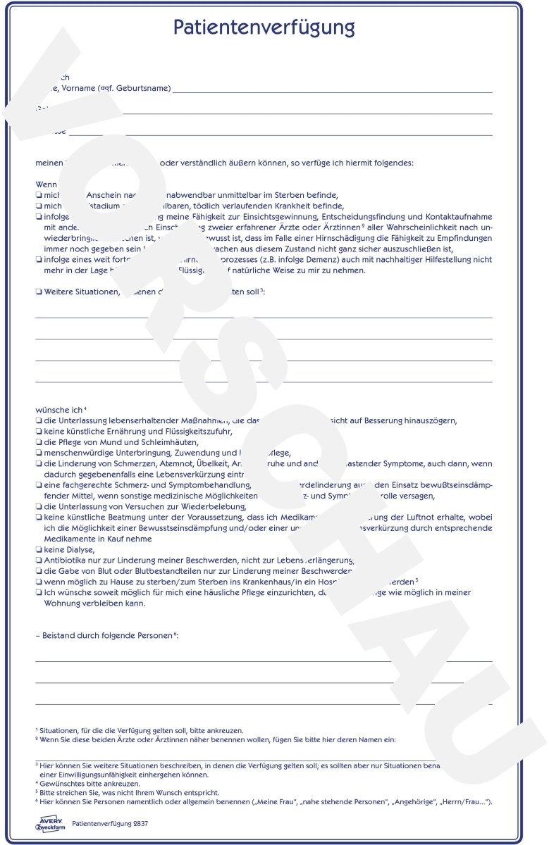 Formularblock Patientenverfügung A4 1 Vordruck-Satz weiß.