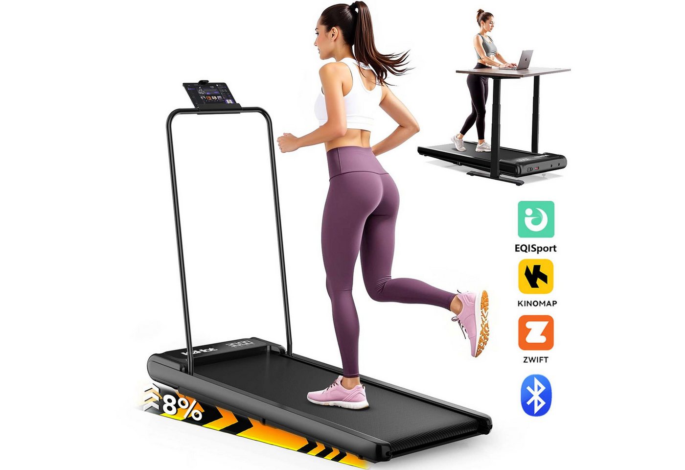 kehot Laufband Laufband mit abnehmbarer Haltestange,4-Fach Neigungsverstellung, 0-8% (Kompaktes Walking Pad für Zuhause,Geschwindigkeitsbereich 2–8 km/h, LED-Display mit Anzeige von Zeit, Distanz, Geschwindigkeit, Kalorien), Bluetooth-App-Steuerung & Fern