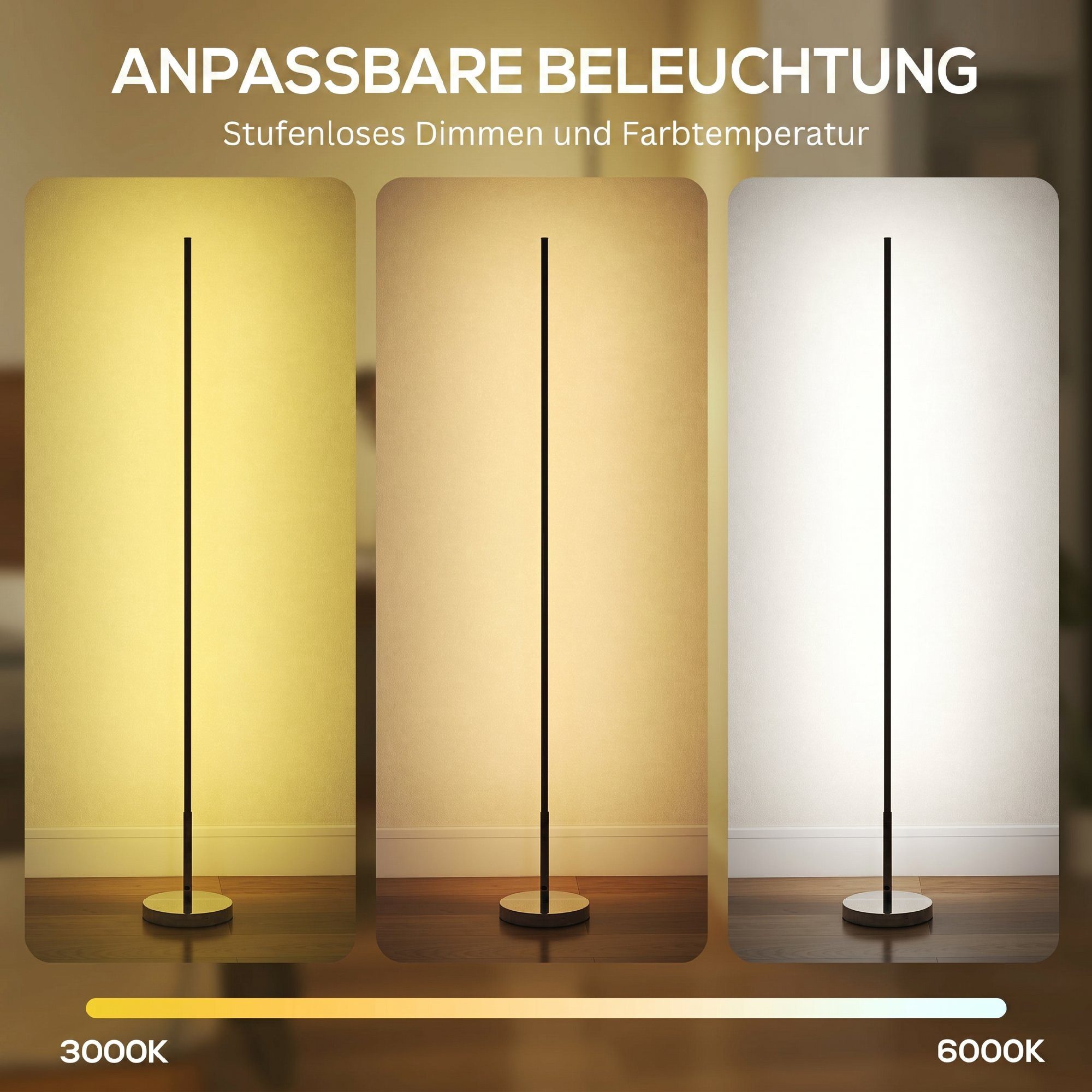 HOMCOM Stehlampe Wohnzimmer Stehlampe mit Fußschalter, Dimmfunktion, Farbwechsel, mehrere Helligkeitsstufen, Timer, LED fest integriert, Farbwechsler, Warmweiß, – Bild 4 von 5