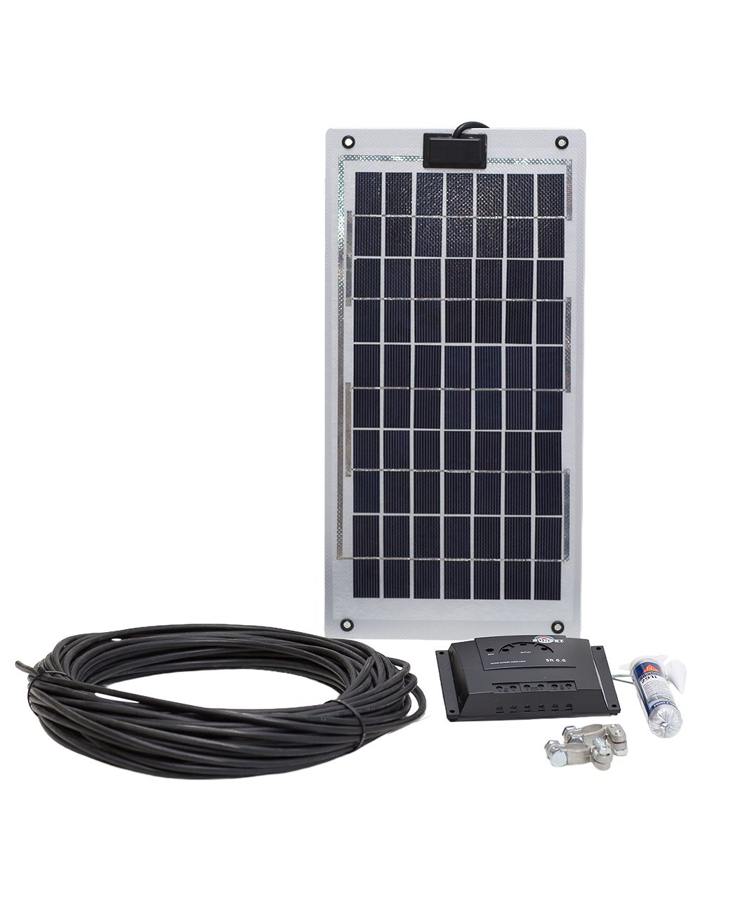 Sunset Solaranlage Laminat-Stromset SM 10L, für Wohnmobil/Fahrzeugdächer/Camping/Boote, 10 W, 12 V, (Set, inkl. Laderegler 6 A, Sikaflex-Kleber, 10 m Kabel, Batteriepolklemmen), Solarmodul „Made in Germany“, einfach Kleben, Schrauben oder Nieten