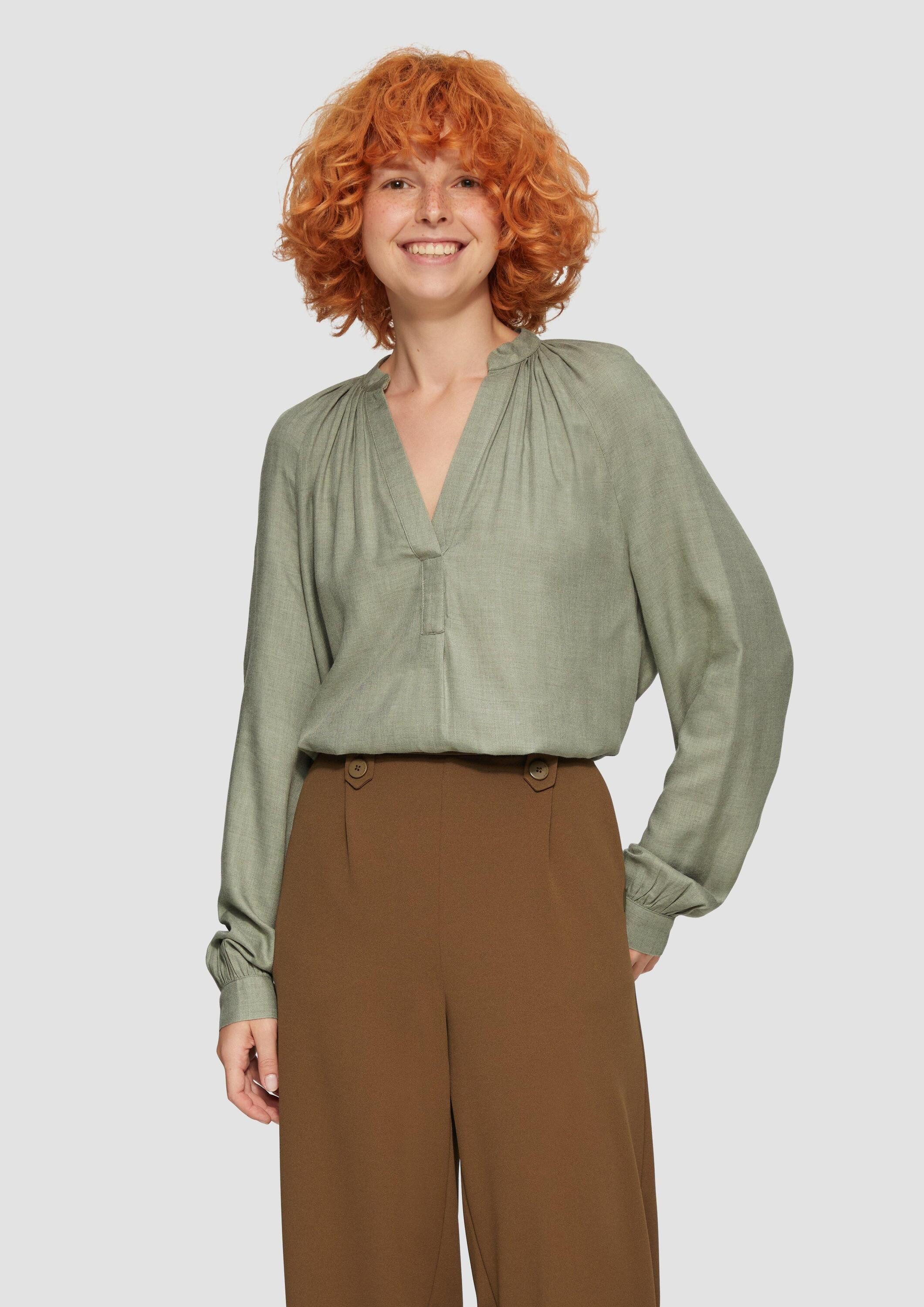 Langarmbluse Bluse Melierte Viskosebluse mit Raffung