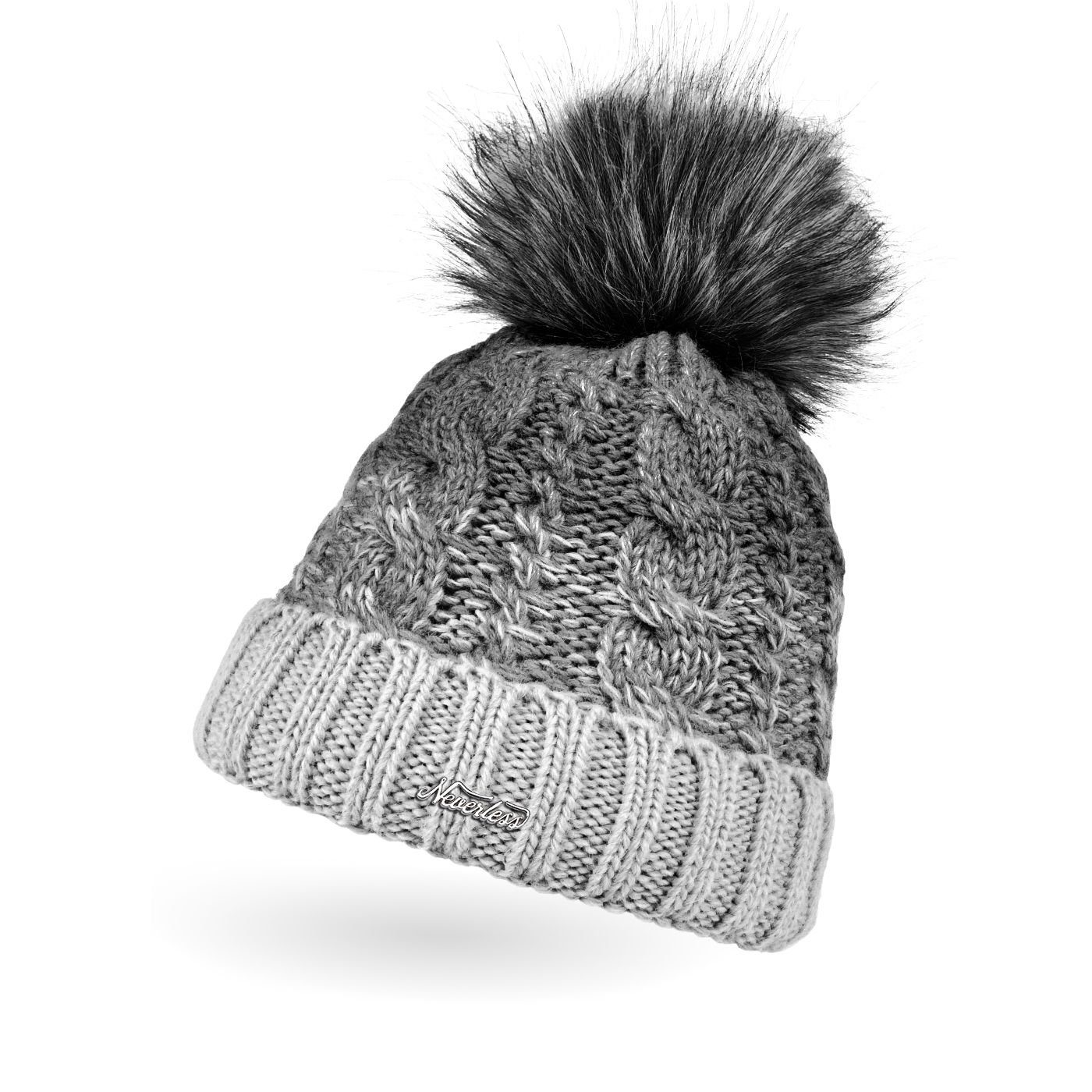 Bommelmütze Damen Strick-Mütze gefüttert Fleece-Innenfutter Fell-Bommel Kunstfell