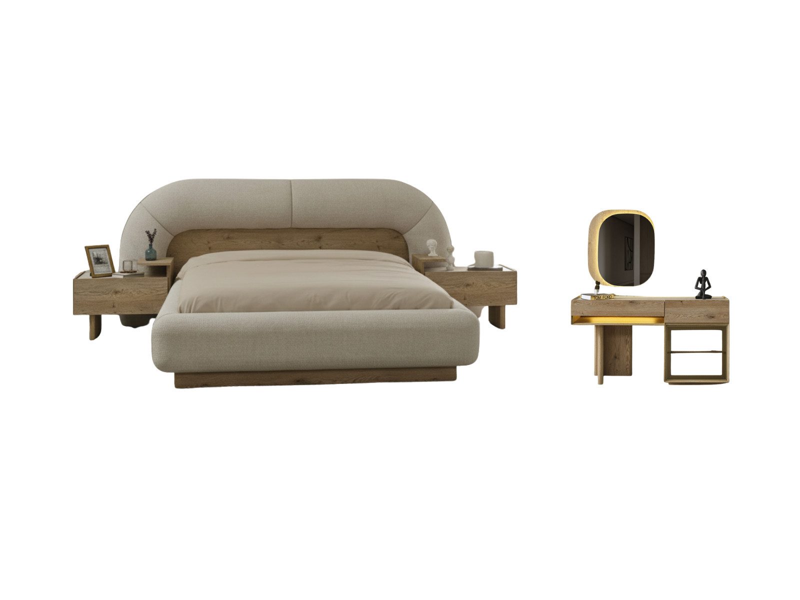 Villa Möbel Schlafzimmer-Set Anka, (Schlafzimmer-Set, 4-tlg., Bett mit Kopfteil, 2 Nachttische und Kommode), Viel Stauraum - Spiegeltüren für mehr Licht - Pflegeleichte Holzoptik