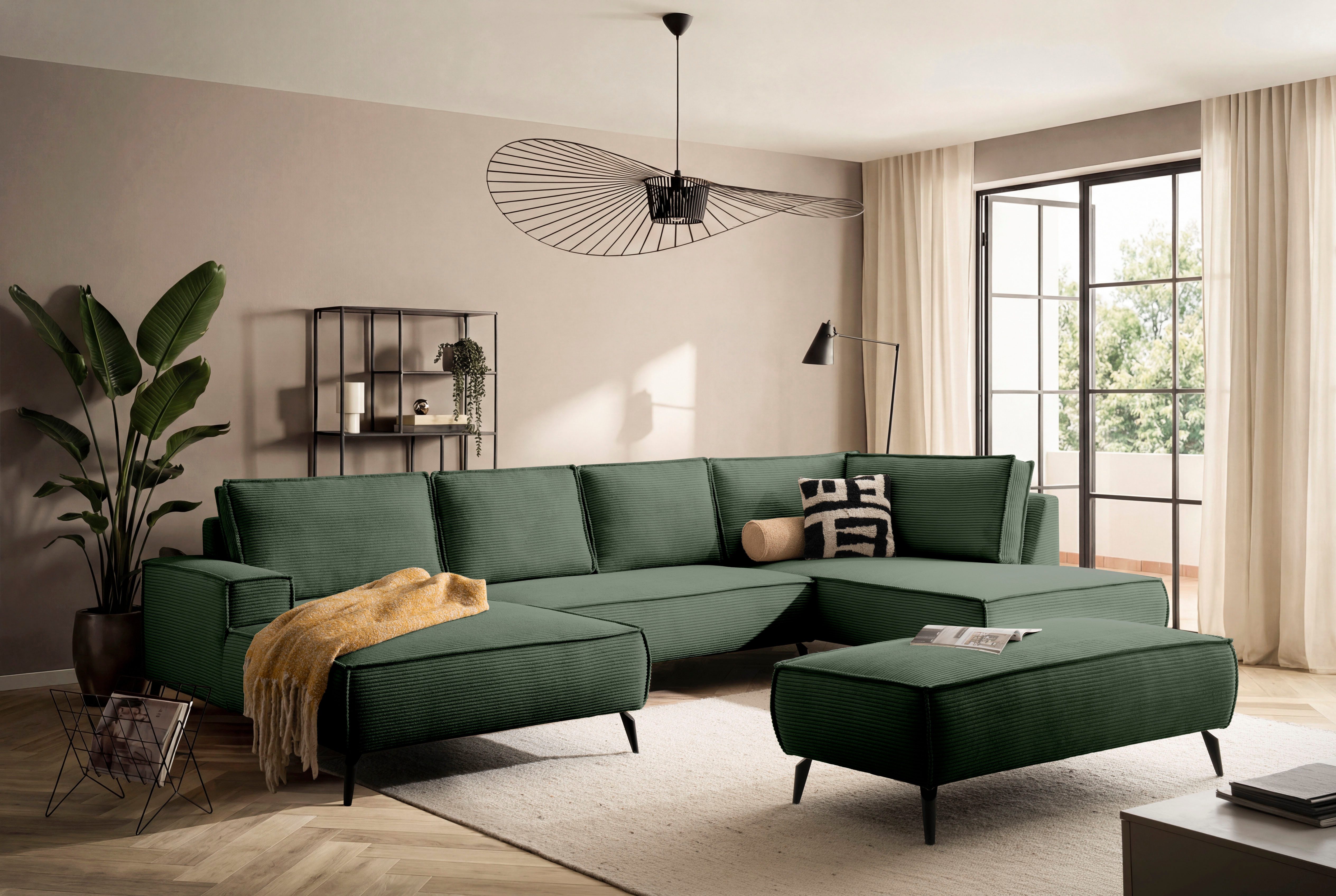 Home affaire Wohnlandschaft Tvinnu, moderne U-Form, Couch in Cord oder Webstoff in Leinenoptik, Set 2 Teile, Recamiere rechts/links, schwarze Metallfüße, bequeme Sitz-/Liegefläche