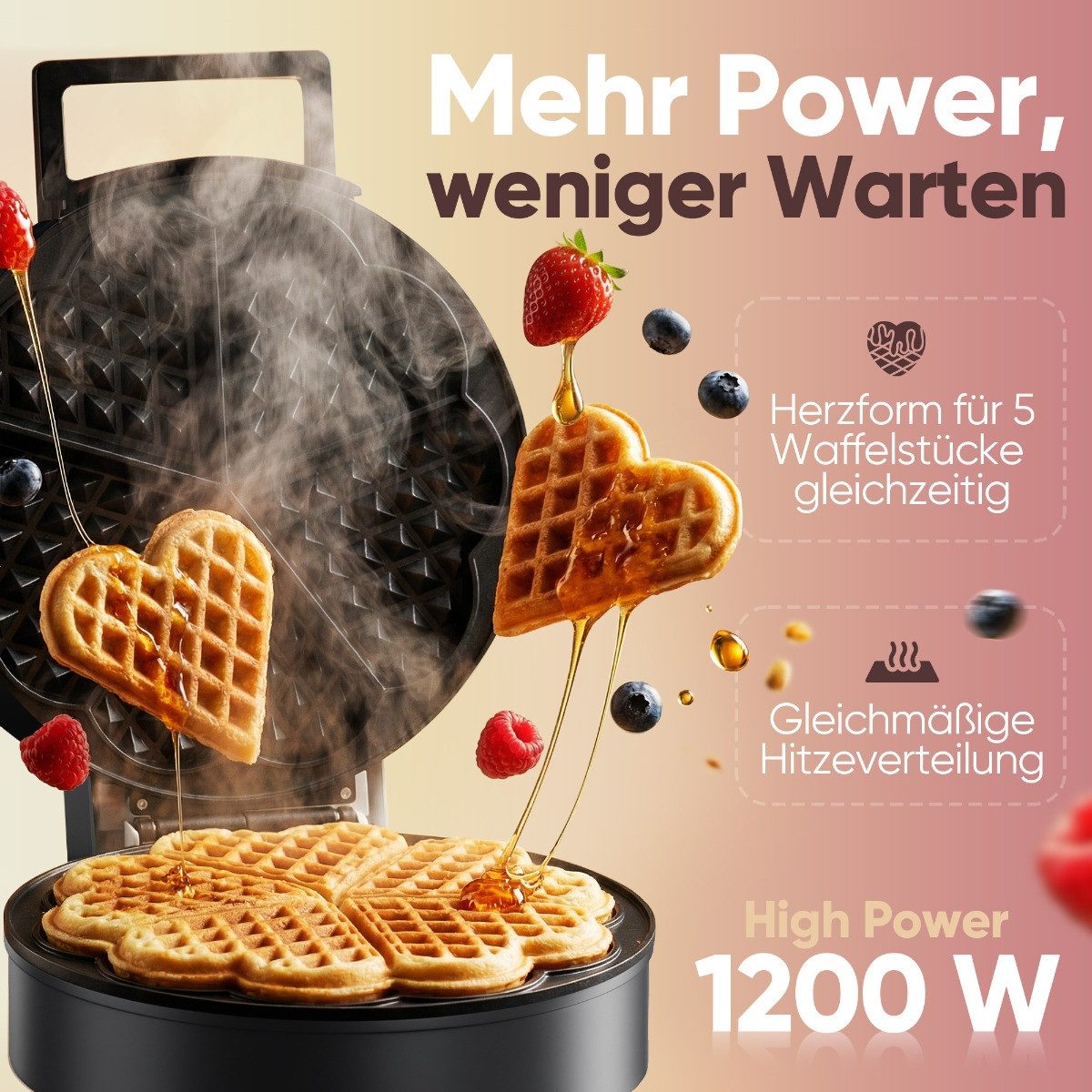 CLATRONIC Waffeleisen WA 3832, Waffeleisen Herzform, Antihaftbeschichtung, 1200W