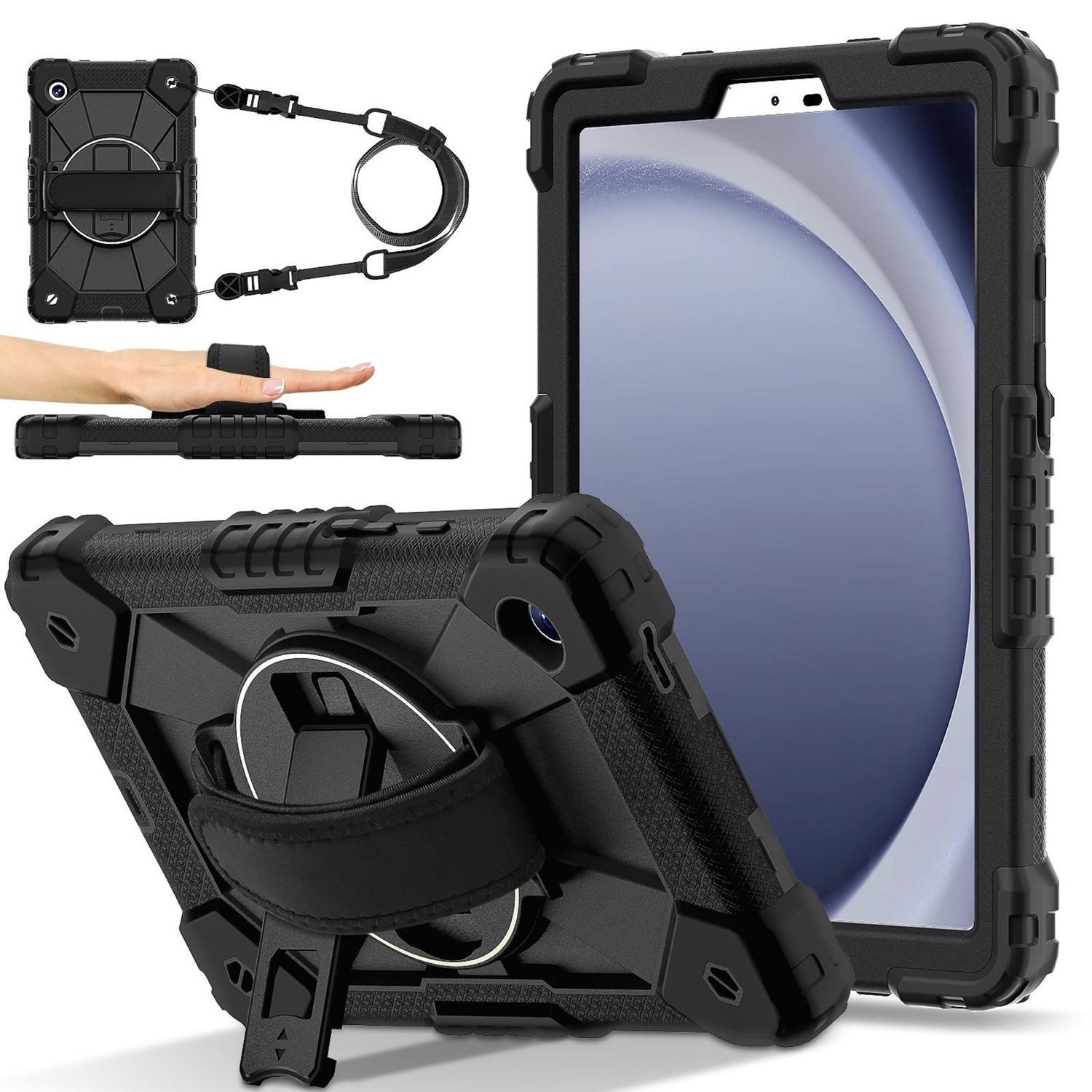 Wigento Tablet-Hülle für Samsung Galaxy Tab A11 Hybrid Halter & Schultergurt Schwarz, Hybrid Schutzhülle Smart Case Cover mit Schultergurt