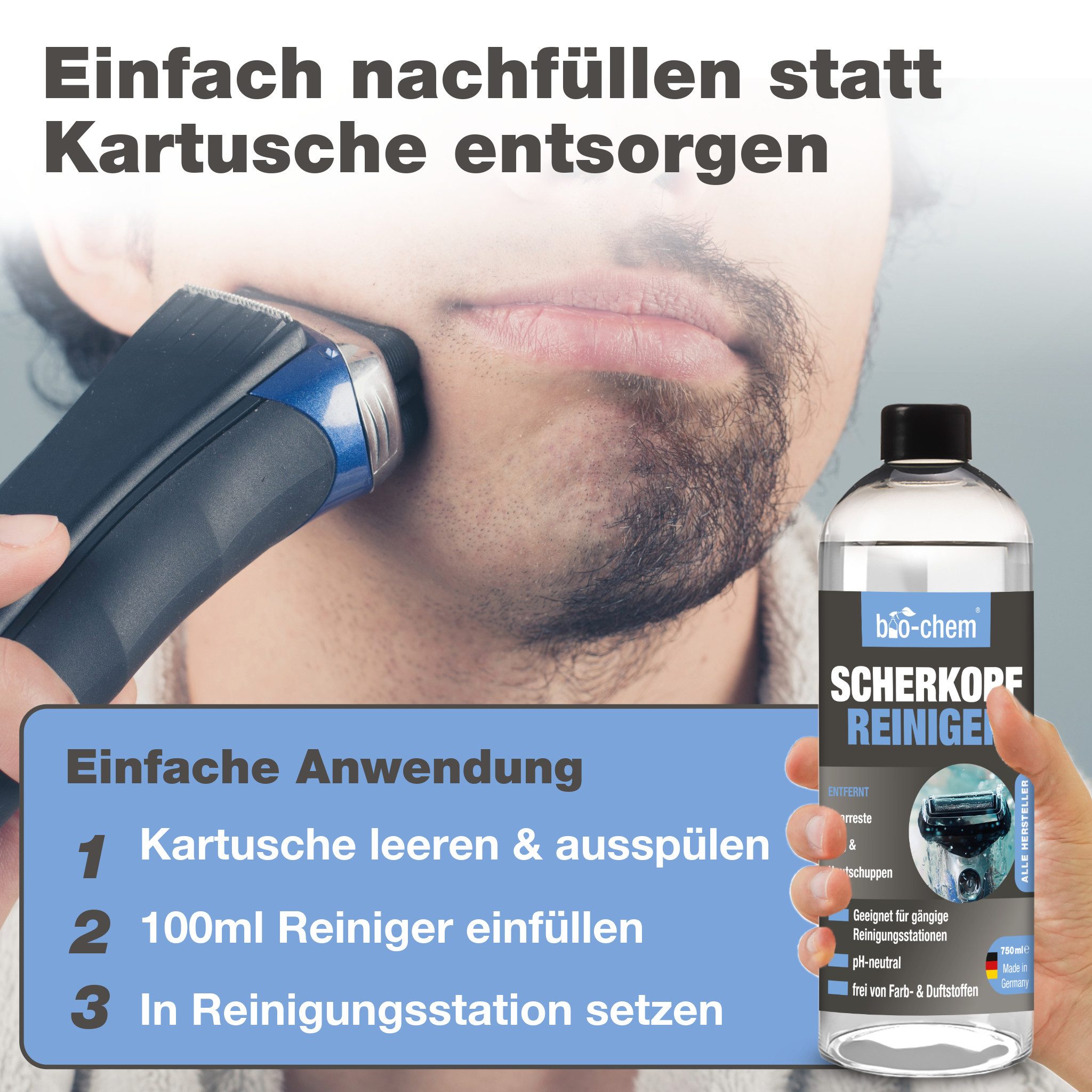 bio-chem Scherkopfreiniger 750ml – Nachfüller für Rasierer – bio-chem Scherkopfreiniger