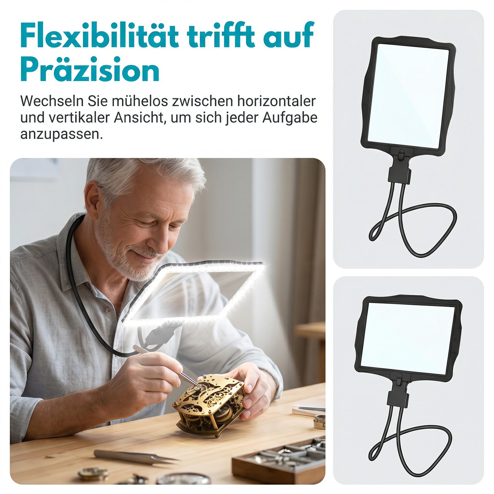 AKKEE Umhängelupe 10X Wiederaufladbare Lupe mit Licht Hängenden Hals Standlupe, für Senioren Groß, Flexible Schwanenhalslupe zum Lesen, Reparieren
