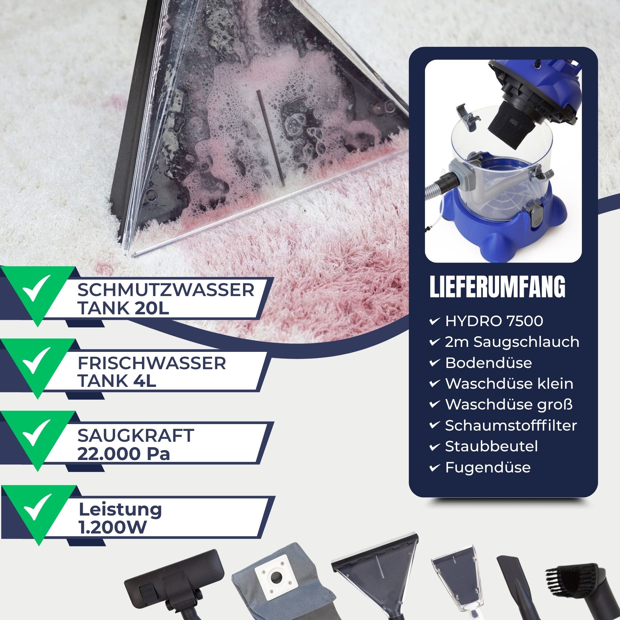 Albatros International Teppichreinigungsgerät Waschsauger Polsterreiniger HYDRO 7500 - 4in1, 1200 W, Polster-Reiniger Auto - 1200 W, 20l Volumen, 22 kPa Saugleistung