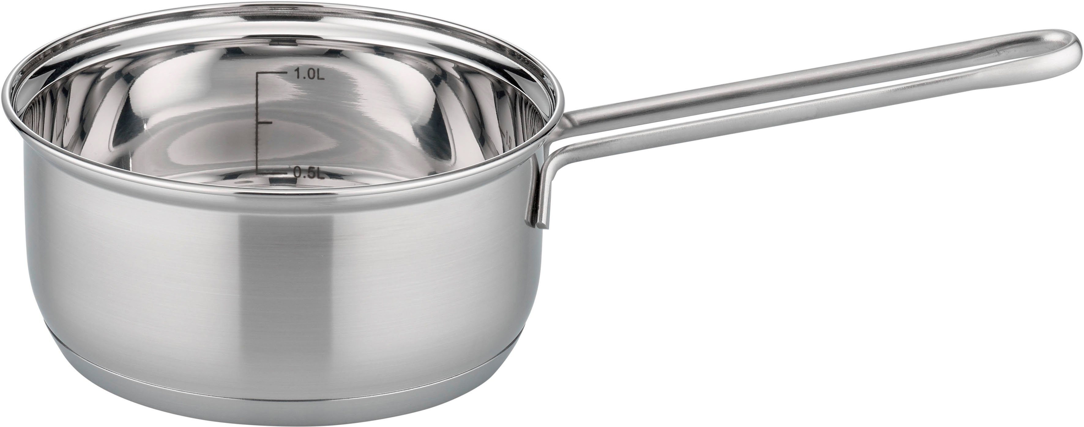 GSW Topf-Set Rigo, Edelstahl (Set, 13-tlg., Kochtopf 14/16/20/24 cm, 1 Stielkasserolle 16 cm, Gemüsetopf 26 cm), Literskala, Induktion, inkl. Küchenhelfer