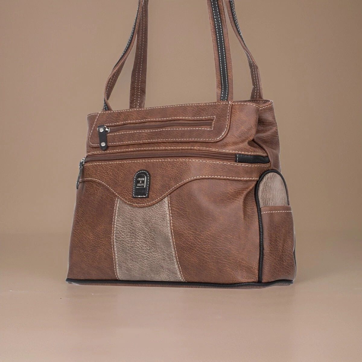 Handtasche Damenhandtasche Kunstleder Braun 2 Fächer 8 Taschen 35x27cm