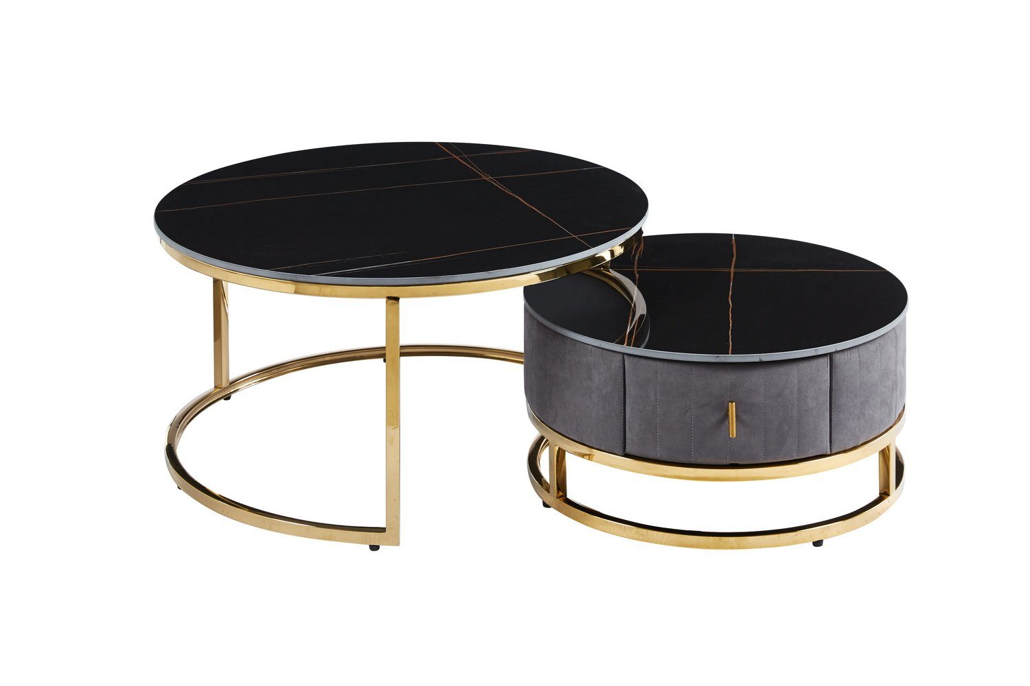 Extra König in Möbel Set Marmoroptik, (mit Beistelltisch 2er Tischplatte Runde Couchtisch und Runder der aus Schwarz Schublade Kaffeetische Gold mit Gestell geschachtelter Kunstmarmor),