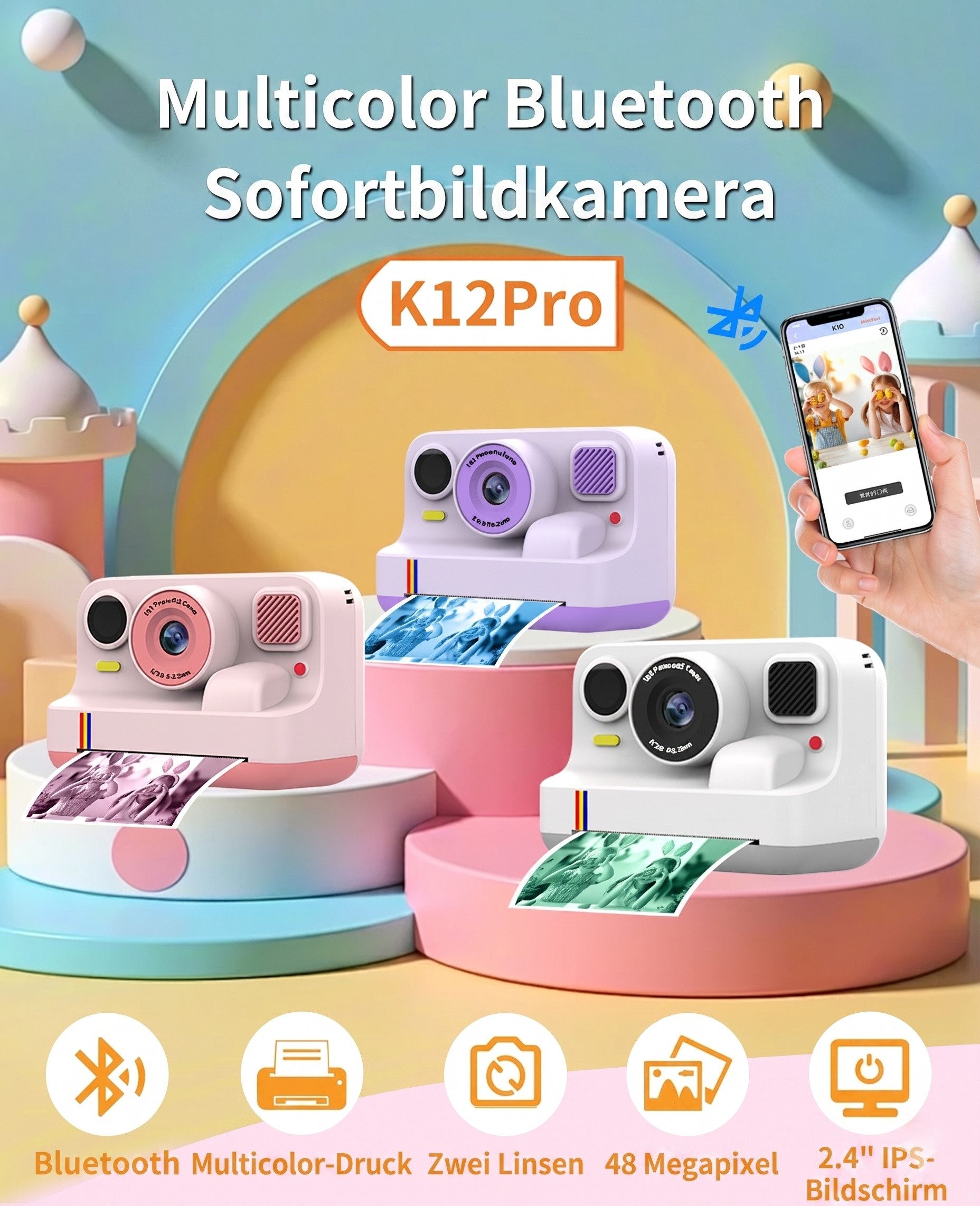 Blossom Digitalkamera Kinder Kamera 1080P 2,4" Display Kinder ab 3 Jahre Kinderkamera (48 MP, inkl. Front- & Rückkamera, Bluetooth-Druck, 1080P Video,MP3, Spiel, für Jungen & Mädchen)