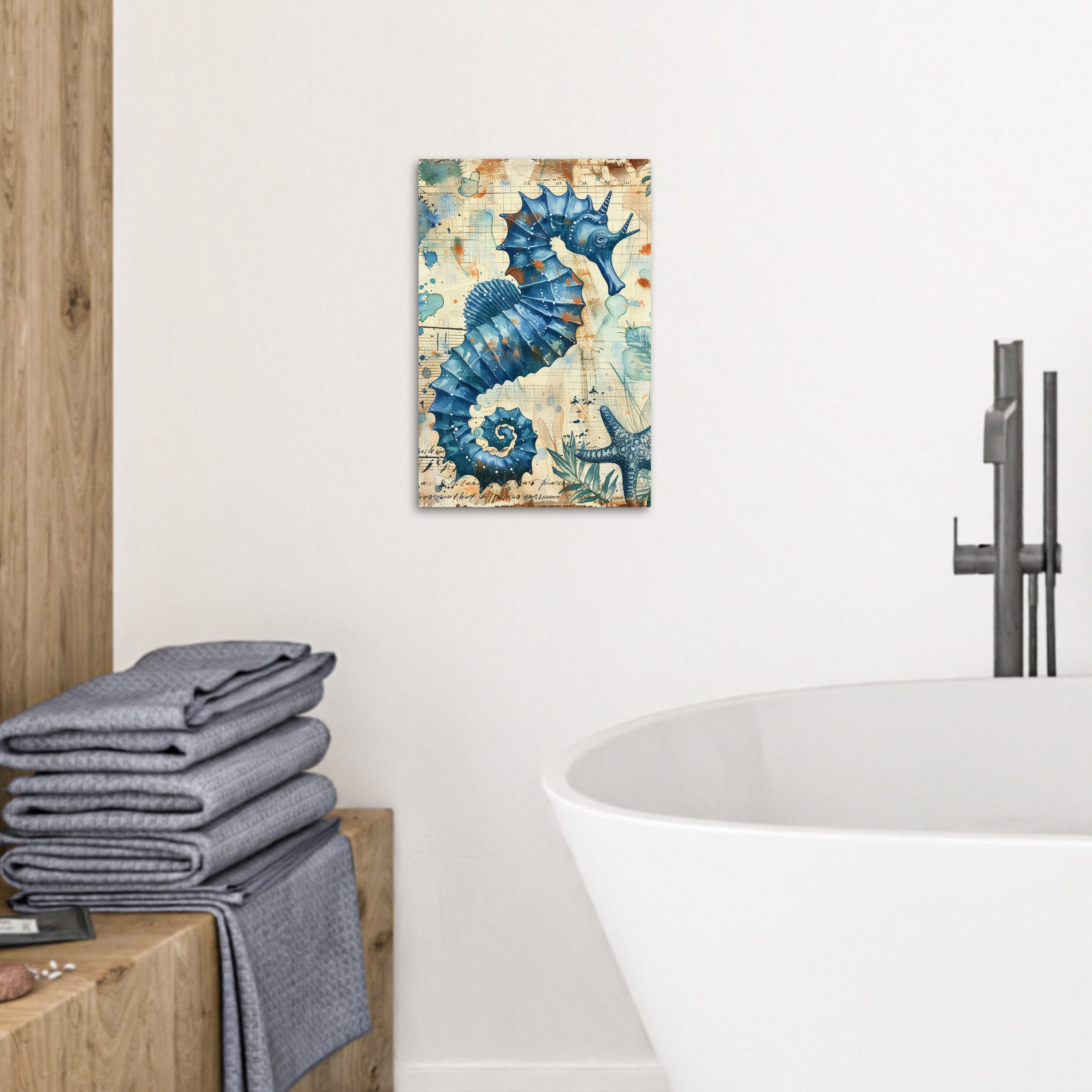 OneMillionCanvasses® Leinwandbild Vintage - Meerestiere - Seepferdchen - Aquarell - Blau, Fotodruck (1 St), Badezimmer Deko, Bilder WC, Toilette Wanddeko 20x30  – Bild 3 von 5
