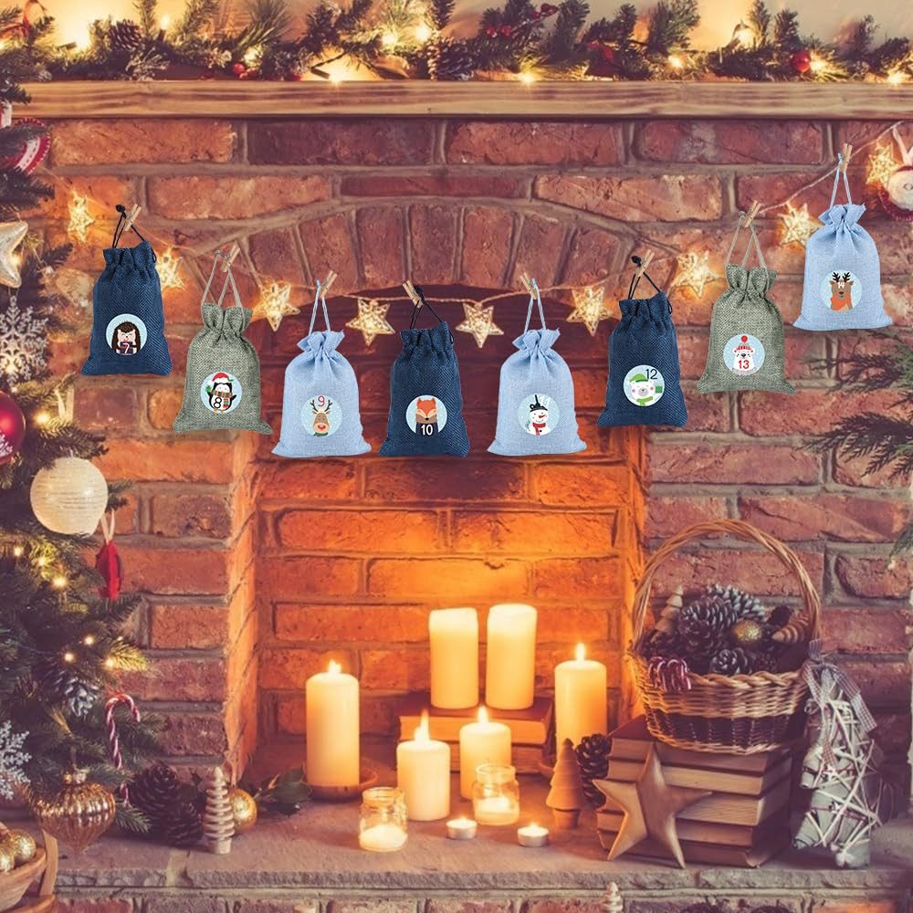 Bomiclss Adventskalender Adventskalender zum Befüllen 24 Jutebeutel Stoffbezug gedruckt, Wiederverwendbar, Weihnachtskalender Jutesäckchen – Bild 5 von 5