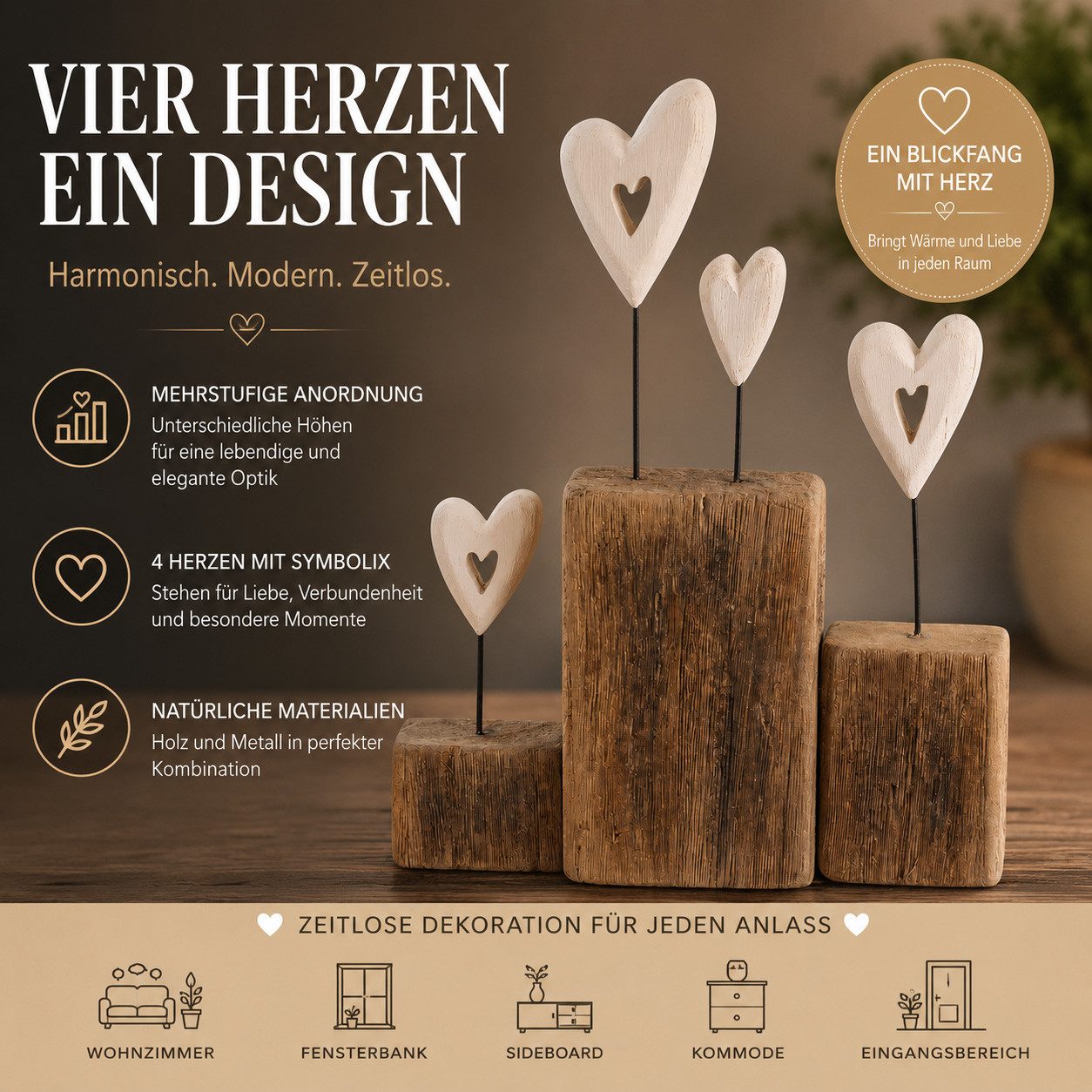 formano Dekofigur Herz Deko Aufsteller aus Holz mit 4 Herzen 25 cm Natur Weiß