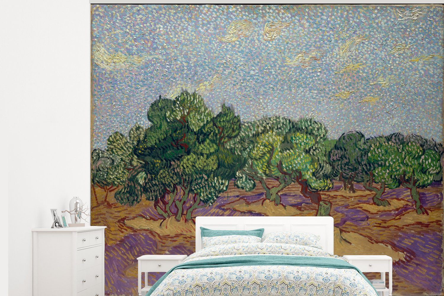 MuchoWow Fototapete Olivenhain mit hellblauem Himmel - Vincent van Gogh, Matt, bedruckt, (5 St), Montagefertig Vinyl Tapete für Wohnzimmer, Wandtapete | Fototapeten