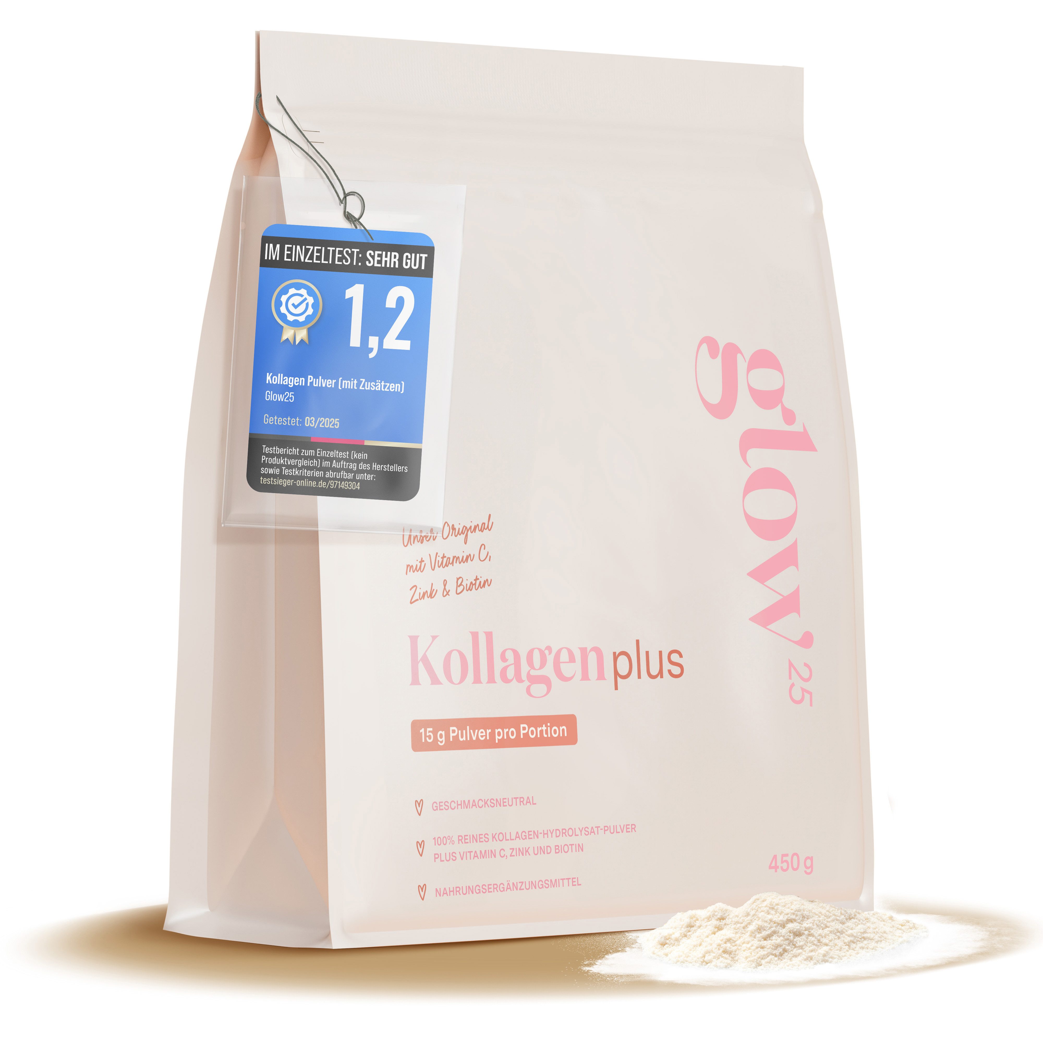 Glow25 Collagen Plus [450g] - mit Biotin, Zink und Vitamin C Pulver, 450 g