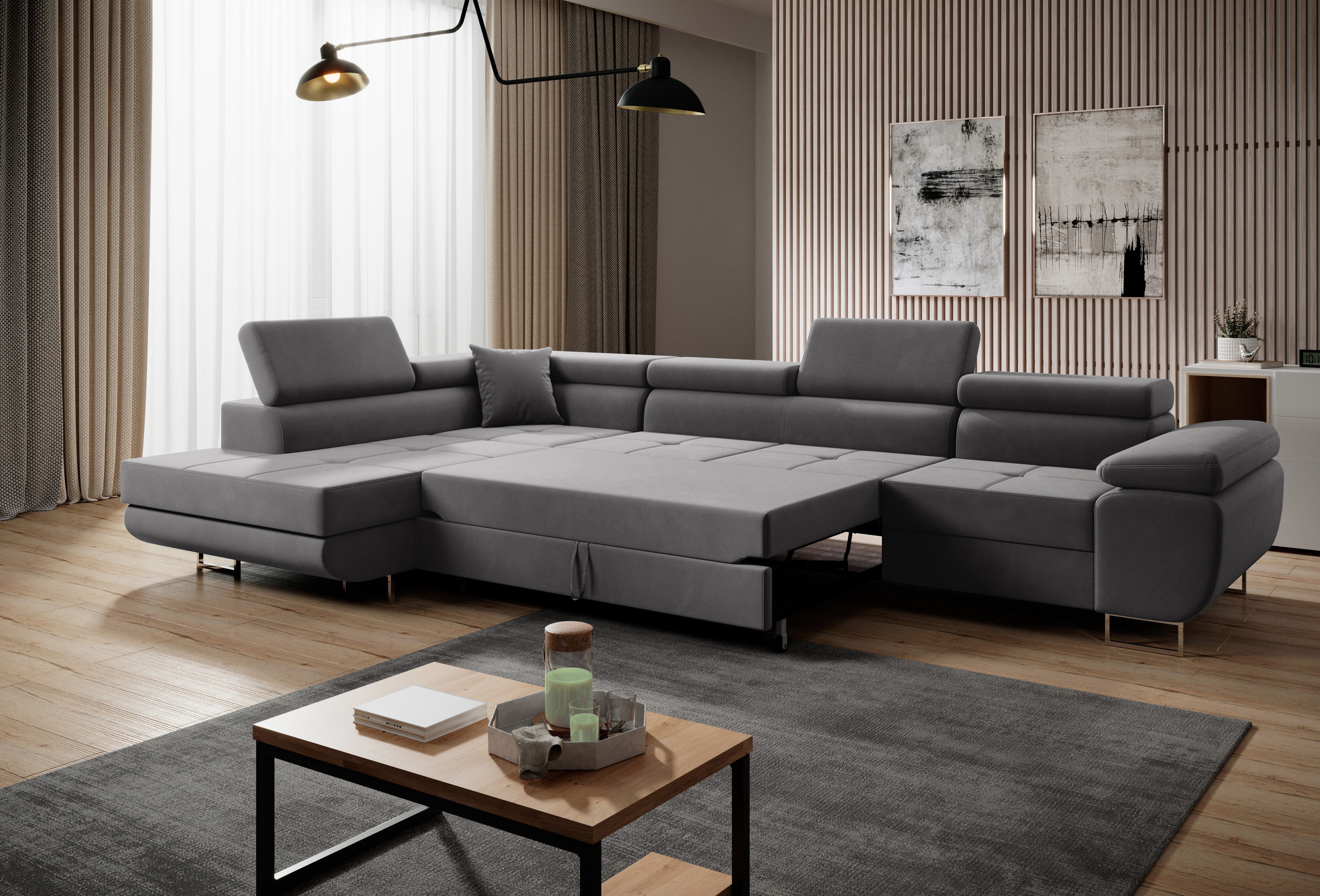 Muffo Ecksofa Wild Maxi mit Schlaffunktion inkl. Montage, L-form Couch mit Bettkasten XL, 6-fach verstellbare Kopfstützen