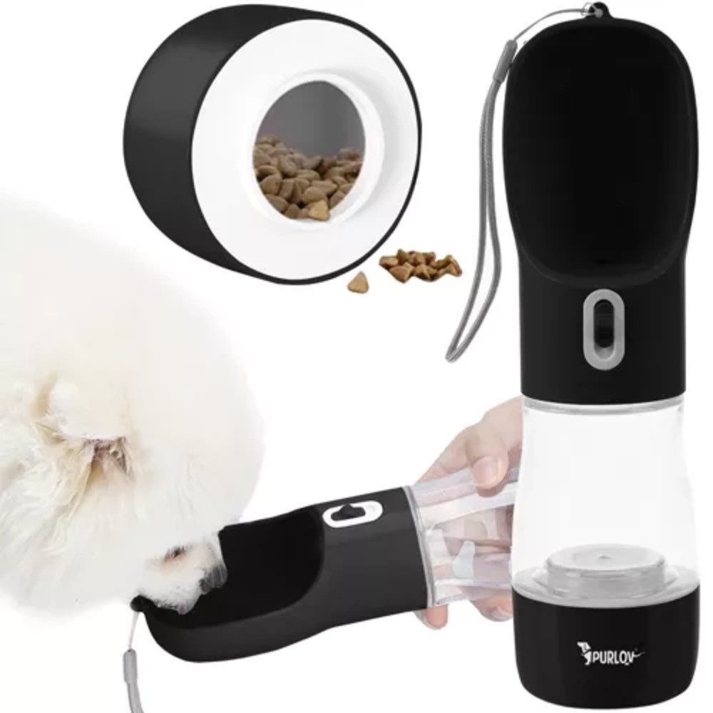Purlov Wasserspender Wasserflasche Snackbox Hunde 0.2 l, mit Futteraufbewahrung und Trinknapf 200 ml Wasser