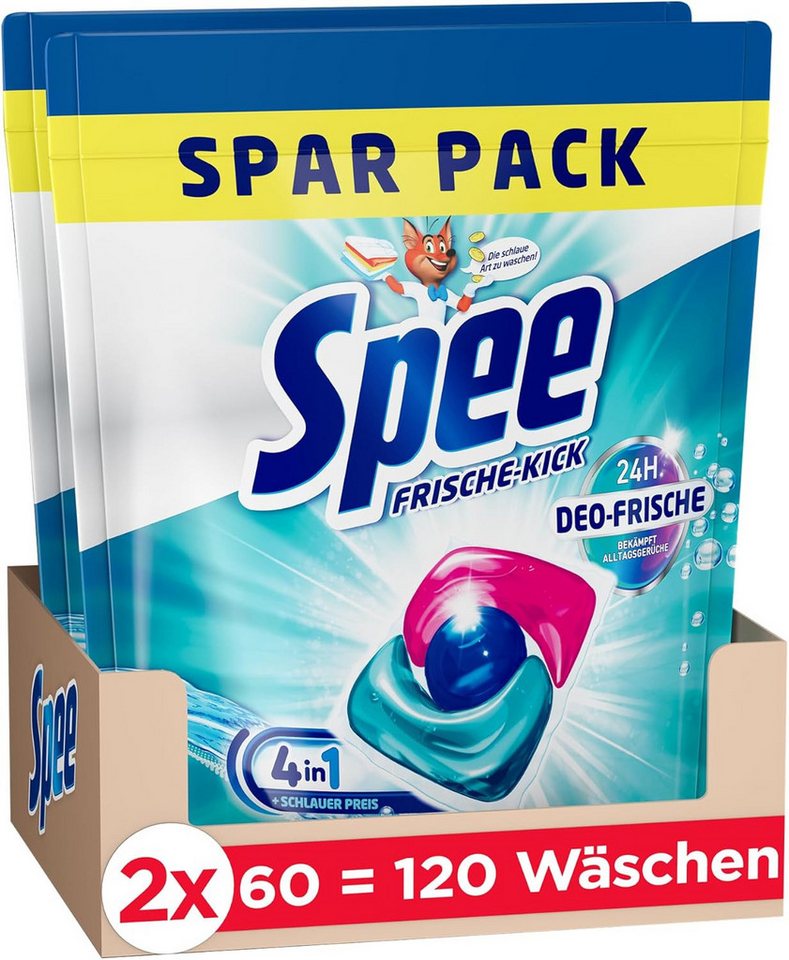 Spee 1x Spee Power Caps Deo-Frische Frische-Kick 120 (2x60 Waschladungen) Vollwaschmittel (1-St. 4 + 1 Formel bekämpft Alltagsgerüche, für Temperaturen von 20° - 95° C)