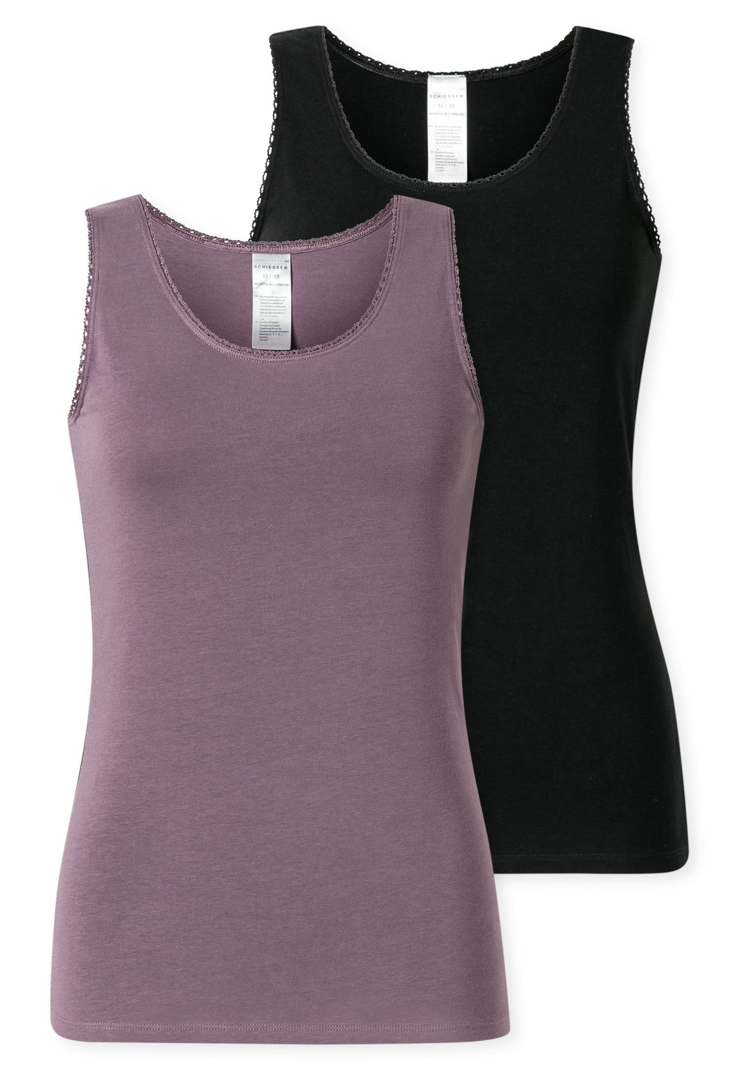 Schiesser Unterhemd Modern Multipacks (2er Pack) mit schmalem Spitzenband, Single Jersey, bequem