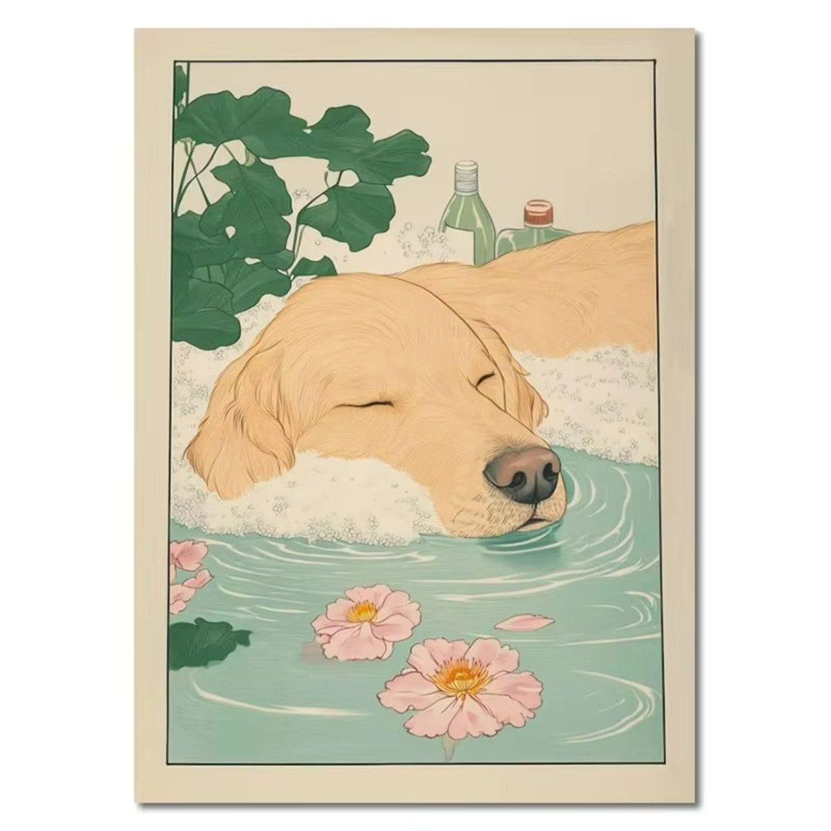 TPFLiving Kunstdruck (OHNE RAHMEN) Poster - Leinwand - Wandbild, Süße kleine Hunde in der Badewanne, entspannende Leinwand (Leinwandbild XXL), Farben: Rosa, Grün, Braun, Blau, Schwarz, Weiß -Größe: 20x30cm