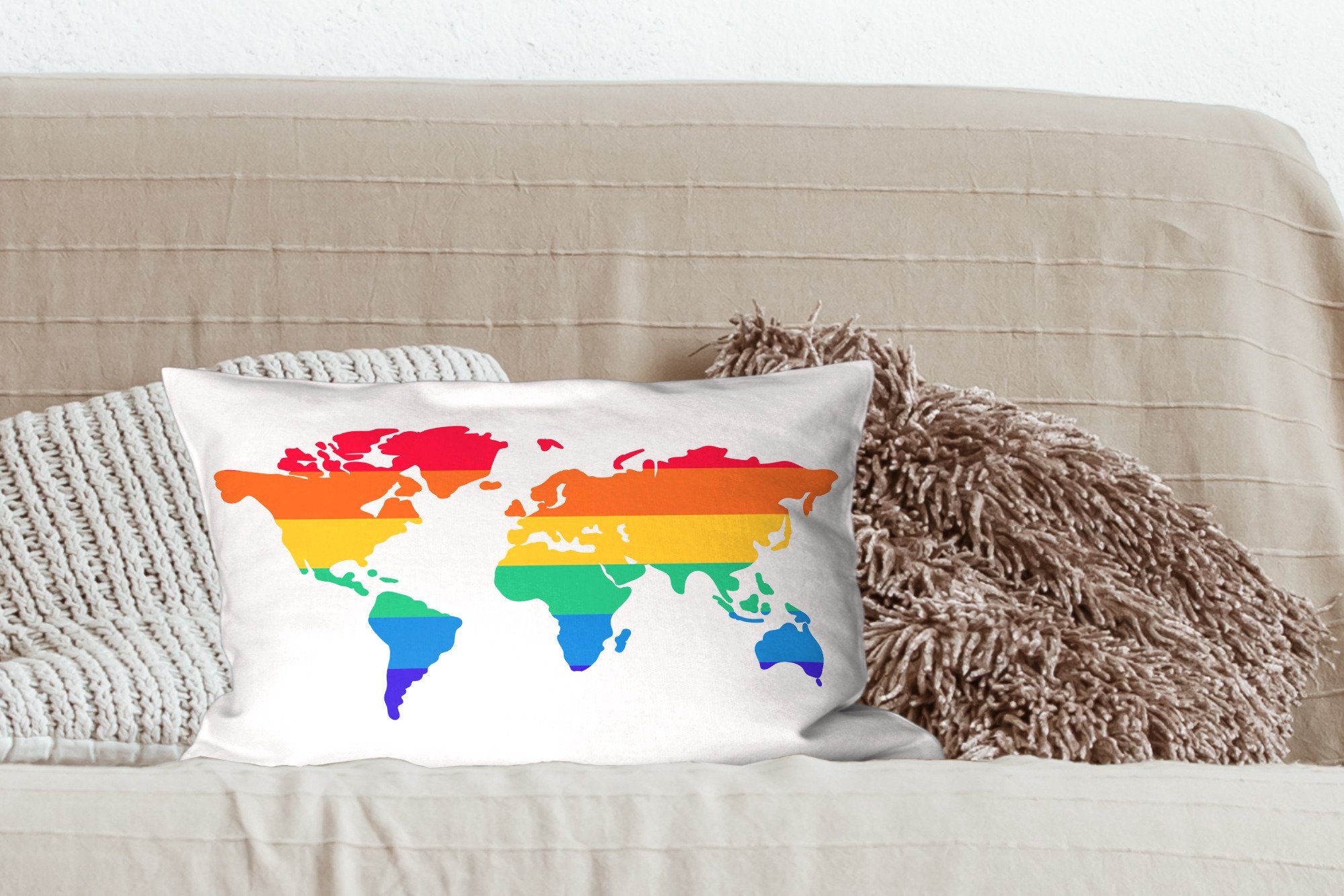 Weltkarte Füllung, Regenbogen, MuchoWow Schlafzimmer Dekokissen mit Zierkissen, Wohzimmer - Stolzflagge - Dekoration, Dekokissen