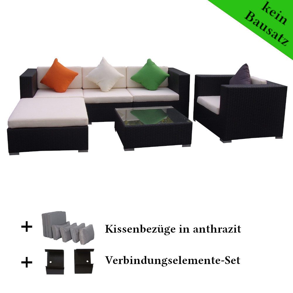 LinJa Gartenlounge-Set Poly Rattan Gartenmöbel Florida, Gartenlounge Sitzgruppe Kissenbezüge anthrazit