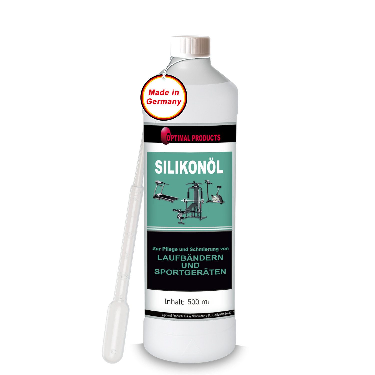 Optimal Products die bessere Lösung Silikonöl Silionöl für Laufbänder und Sportgeräte, 500 ml, (500ml Flasche mit Spritzverschluss und Pipette), 100% rein und für fast alle Hersteller