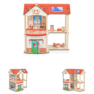 Moni Puppenhaus Holz-Puppenhaus Elly 11-teilig, 2 Etagen, 4 Zimmer, Türe, Küche, Bad