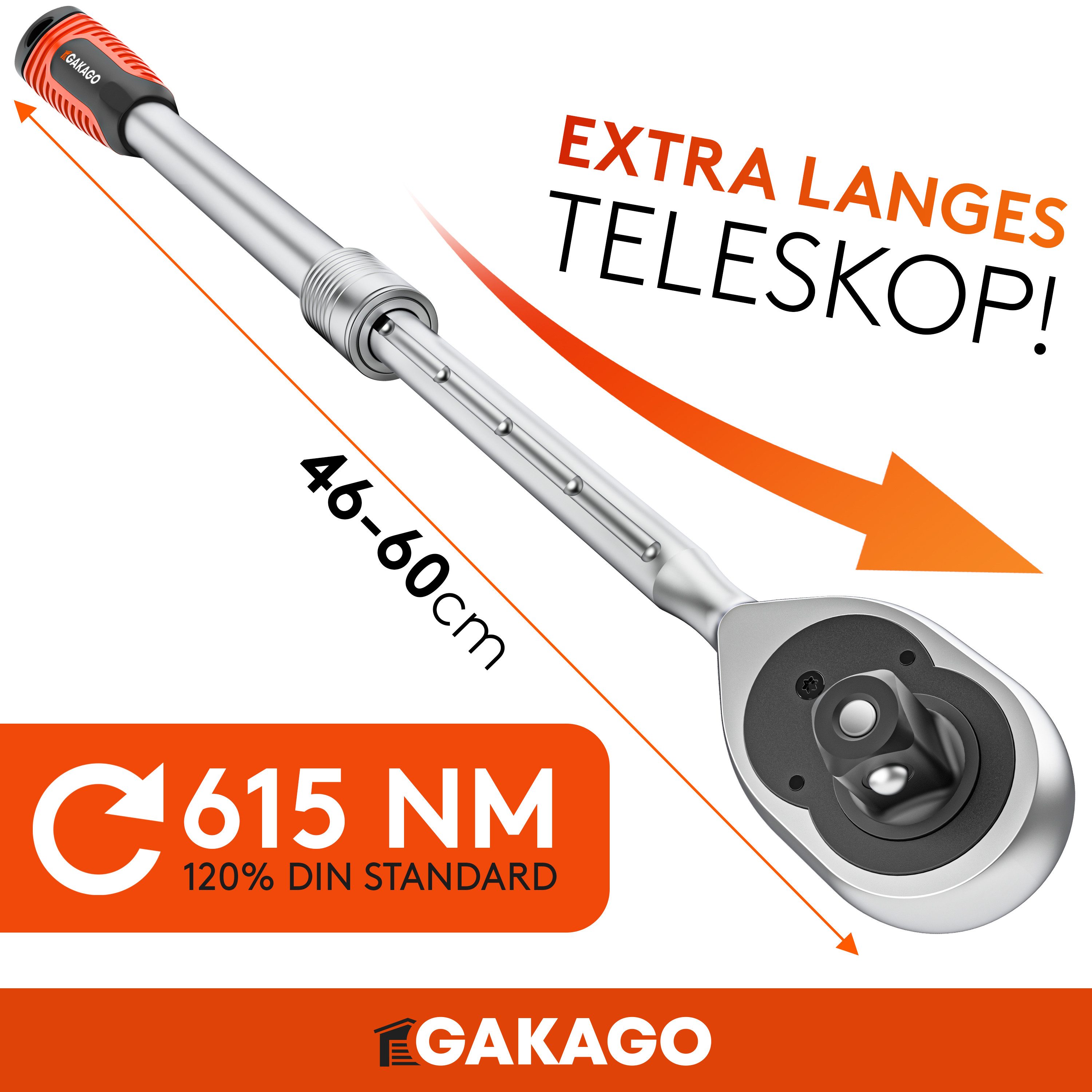 Gakago Telescopic Ratchet (1/2 inch up to 60cm, - Extra long reversible ratchet with ergonomic handle), - Superior power with over 615 Nm and precise 72 fine-tooth gears
