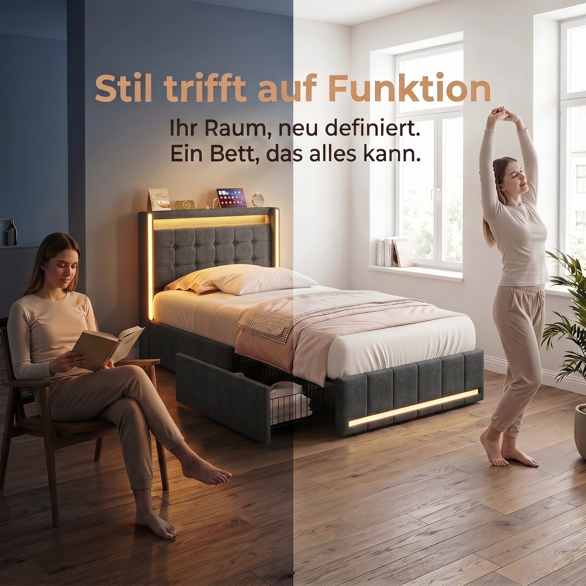 PXloue Polsterbett LED Doppelbett 140x200cm mit Ladefunktion und 4 Schubladen Polsterbett (Geeignet für Jugendliche und Erwachsene), Stauraumbett, mit RGB-LED, Lattenrost und praktischen Schubladen