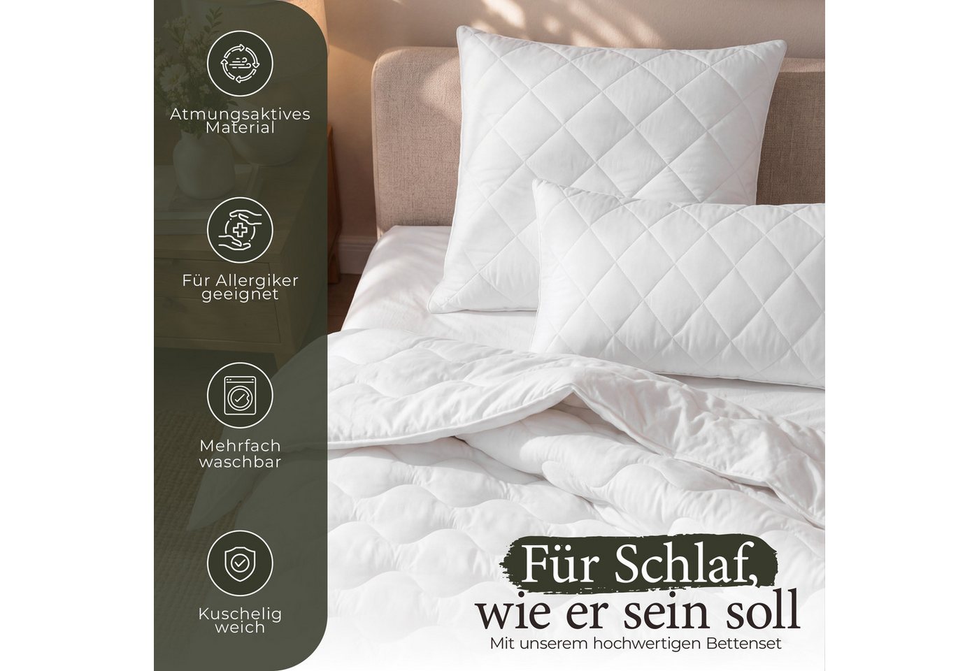 Gentle North Microfaserbettdecke + Kopfkissen Bettdecke & Kopfkissen - 2-Set Kopfkissen - Ganzjahresdecke, Füllung: 100% Polyester, Reißverschluss beim Kissen - waschbar - allergikerfreundlich
