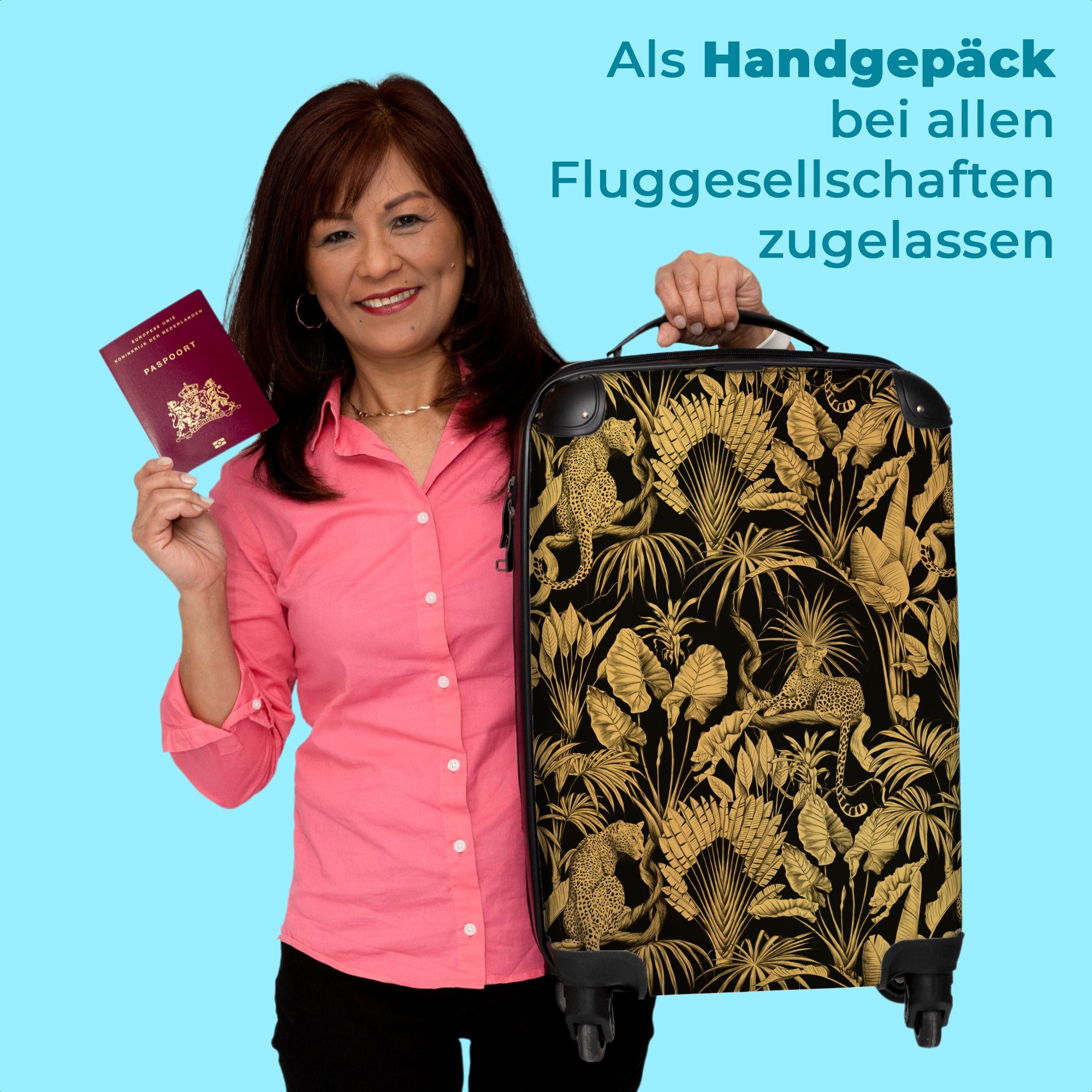 NoBoringSuitcases.com© Handgepäckkoffer Rollkoffer Luxus Reisekoffer Rollen Muster Schwarz 55x35x20cm - - Kleine - Cabin 4 4 Dschungel Gold Handgepäck - - mit Gold, Rollen, und Trolley