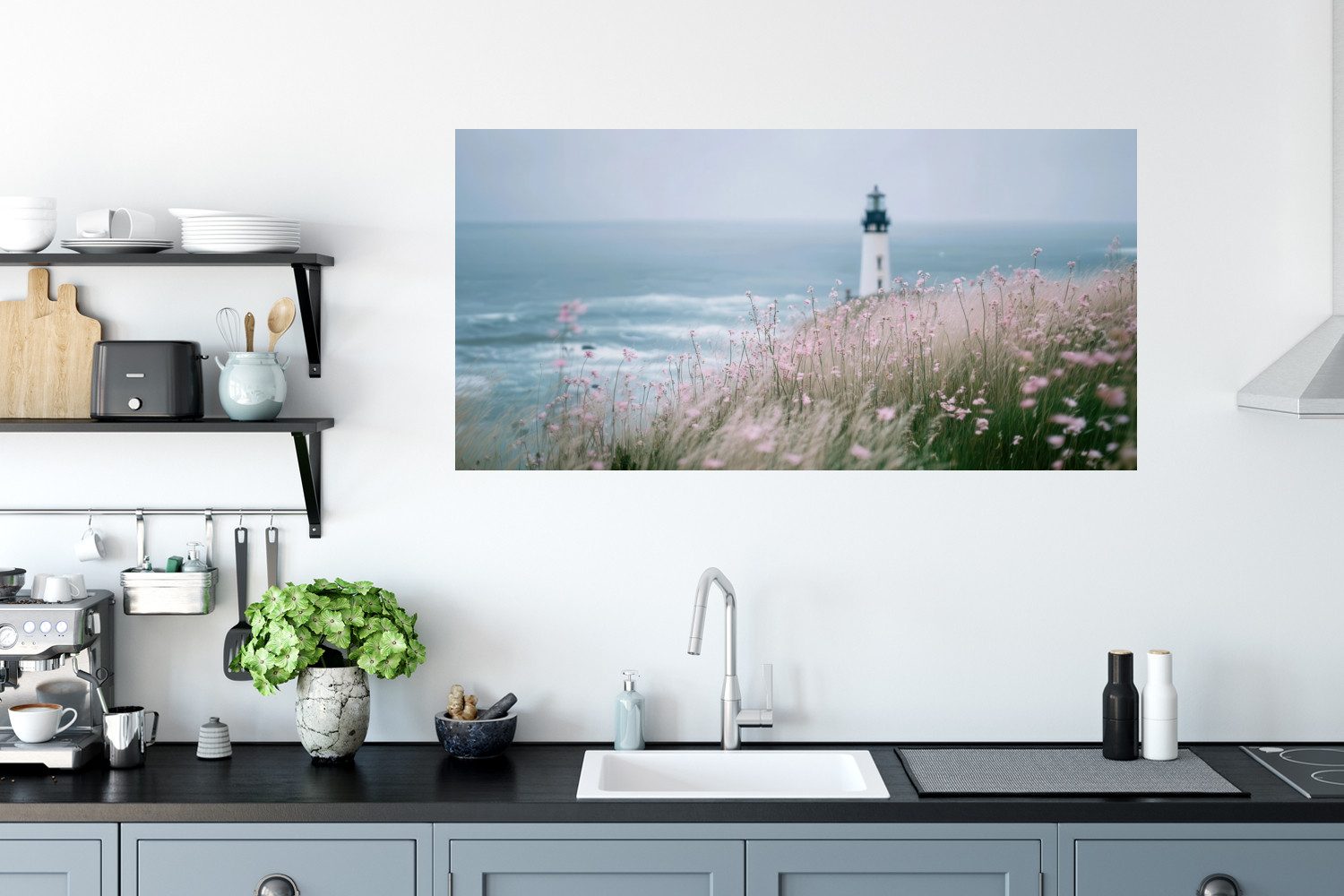 MuchoWow Wandsticker Leuchtturm - Klippe - Meer - Blumen (1 St), Sticker für die Wohnzimmer und Schlafzimmer, 120x60 cm