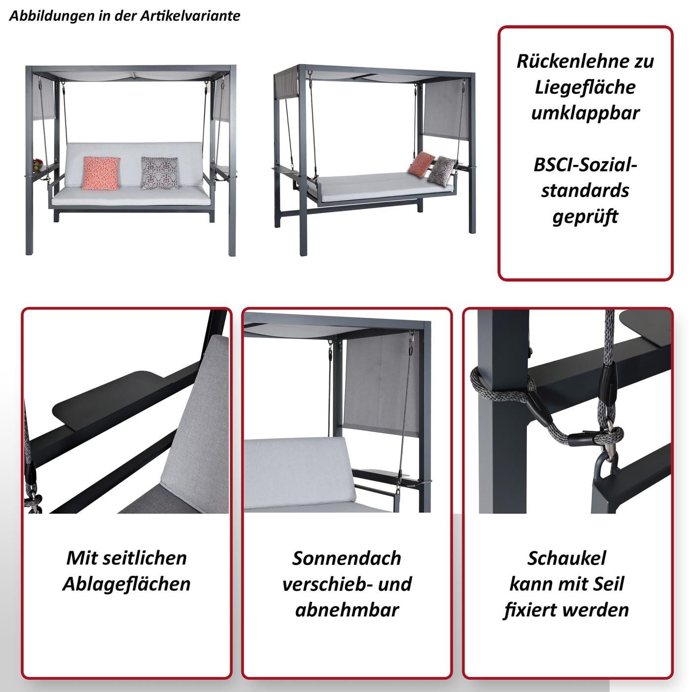 MCW Hollywoodschaukel MCW-L47, 3-Sitzer, Liegefunktion, Liegefunktion