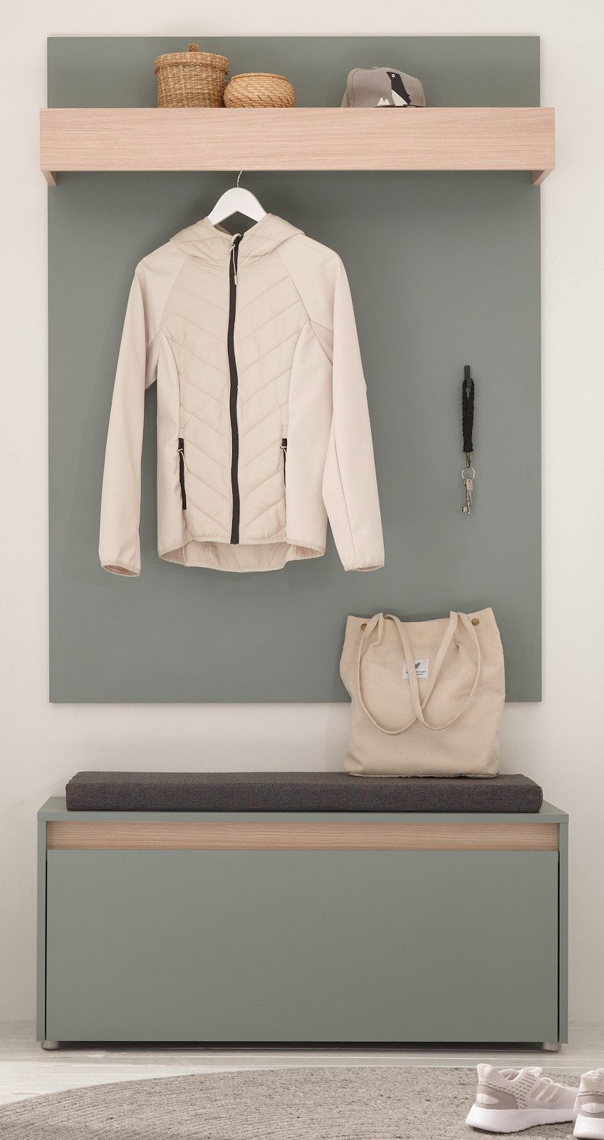 Furn.Design Garderoben-Set Center, (Flurgarderobe in Salbei Grün mit Eiche Dekor, 2-teilig, 100 x200 cm), inkl. Sitzkissen