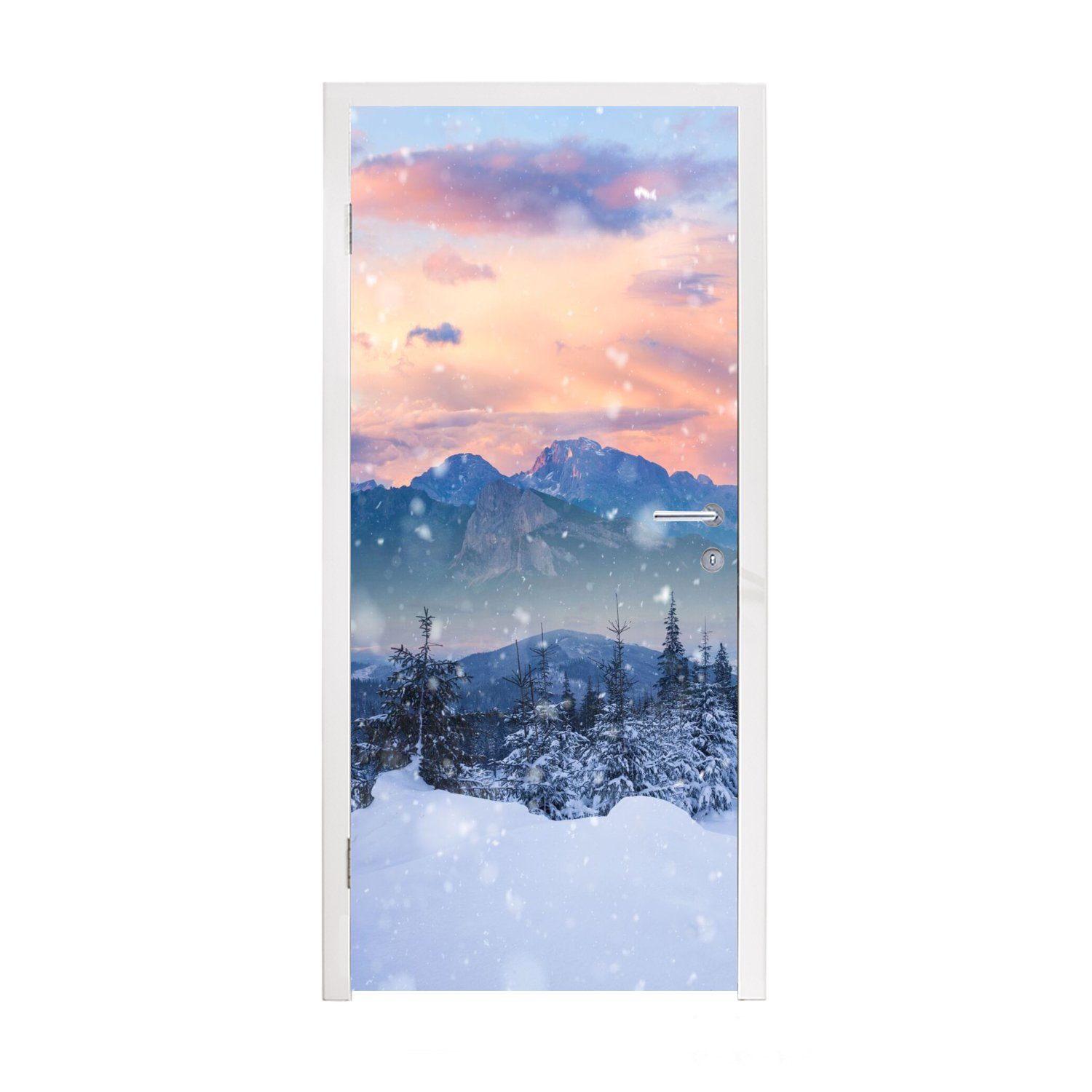 MuchoWow Türtapete Schnee - Himmel St), (1 Fototapete cm für bedruckt, Türaufkleber, Wald Matt, Tür, Winter, 75x205 - 